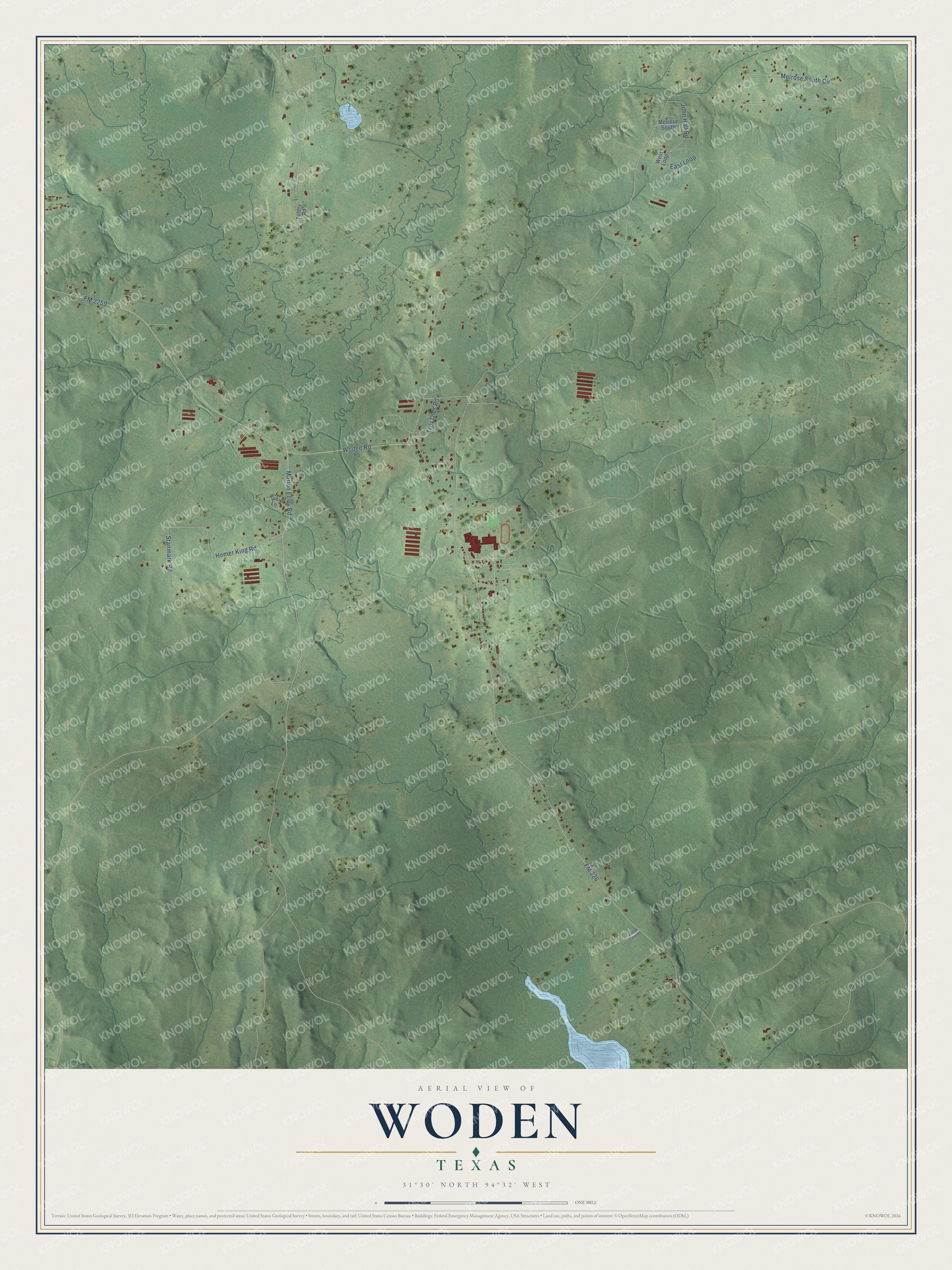 Full map of Woden, Texas, with red buildings, printed street names and the land around them