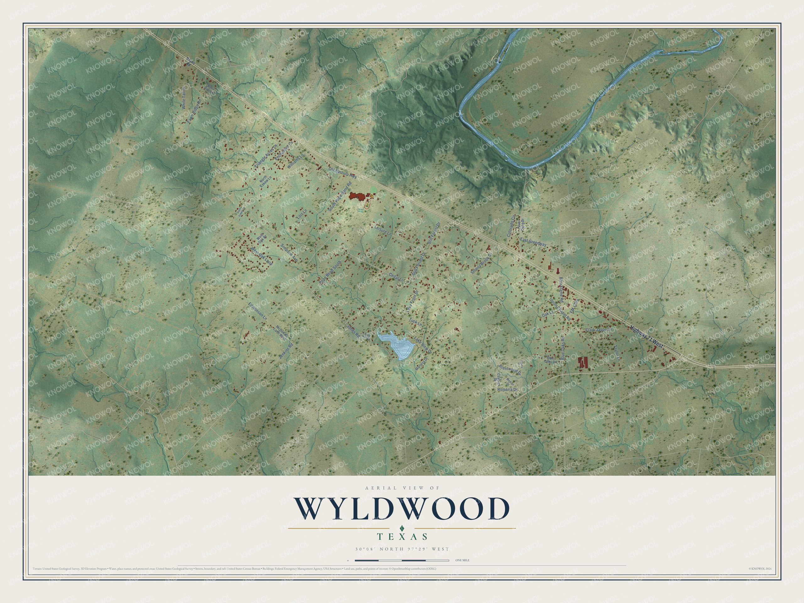 Full map of Wyldwood, Texas, with red buildings, printed street names and the land around them
