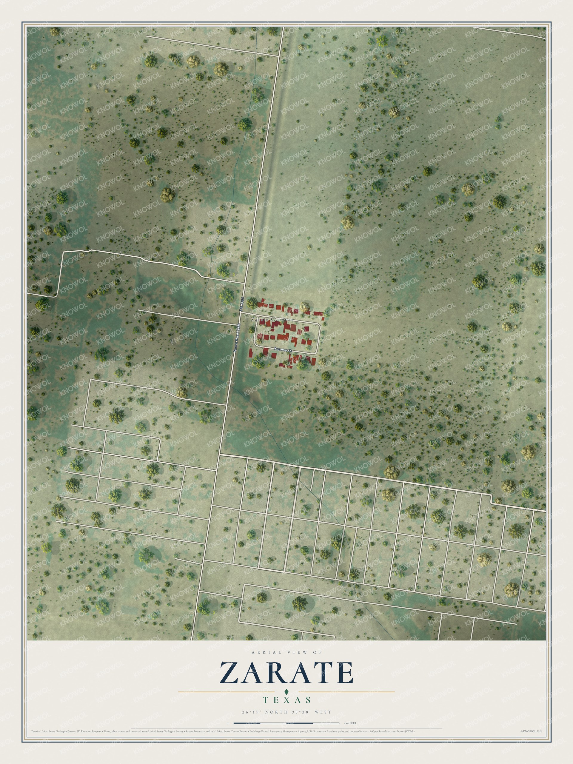 Full map of Zarate, Texas, with red buildings, printed street names and the land around them