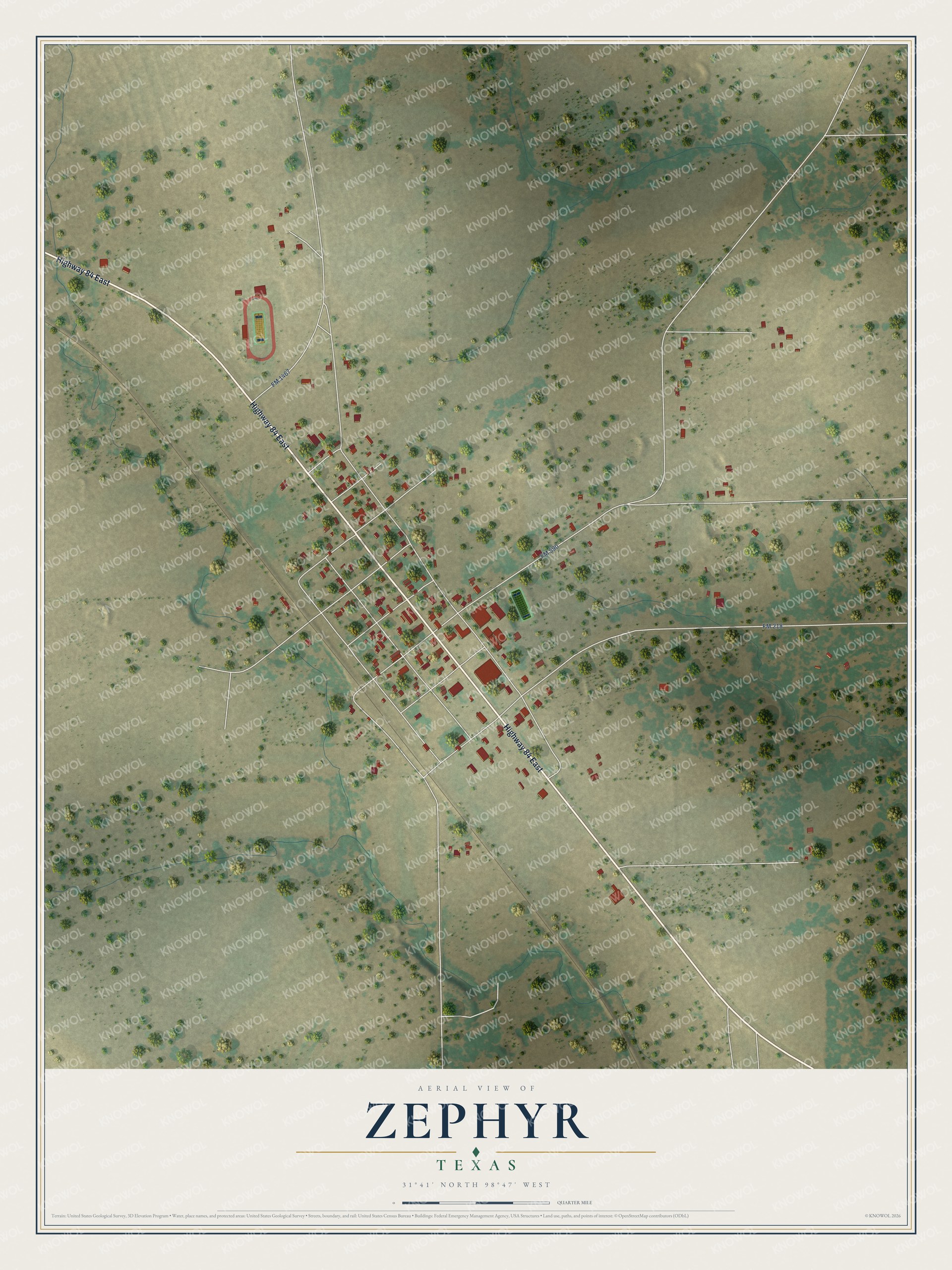 Full map of Zephyr, Texas, with red buildings, printed street names and the land around them