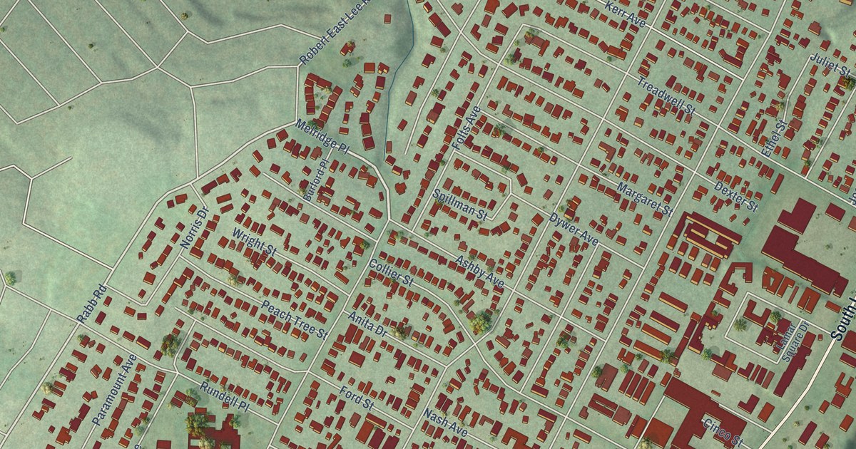 Close-up of streets and buildings in Zilker, Texas