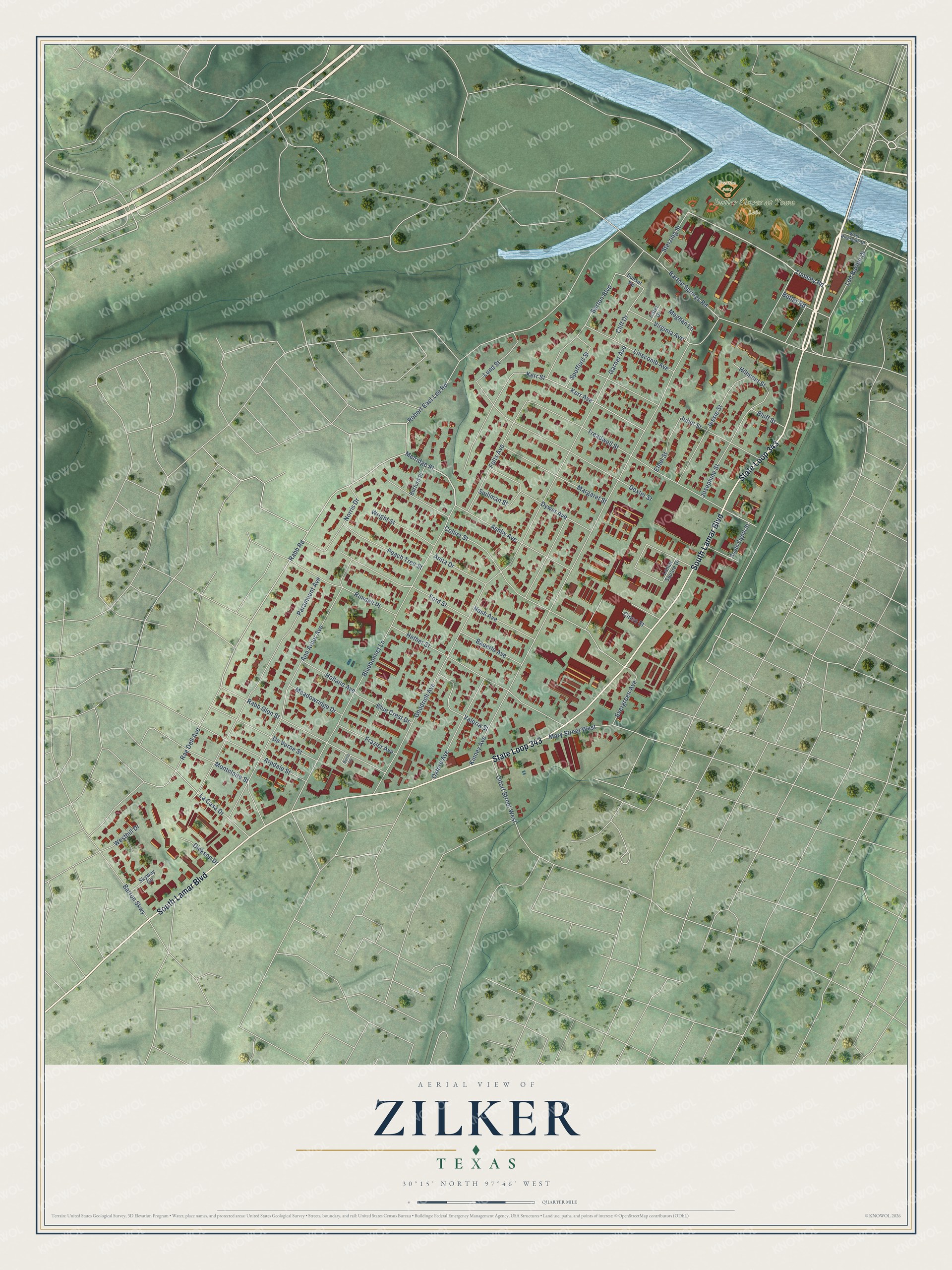Full map of Zilker, Texas, with red buildings, printed street names and the land around them