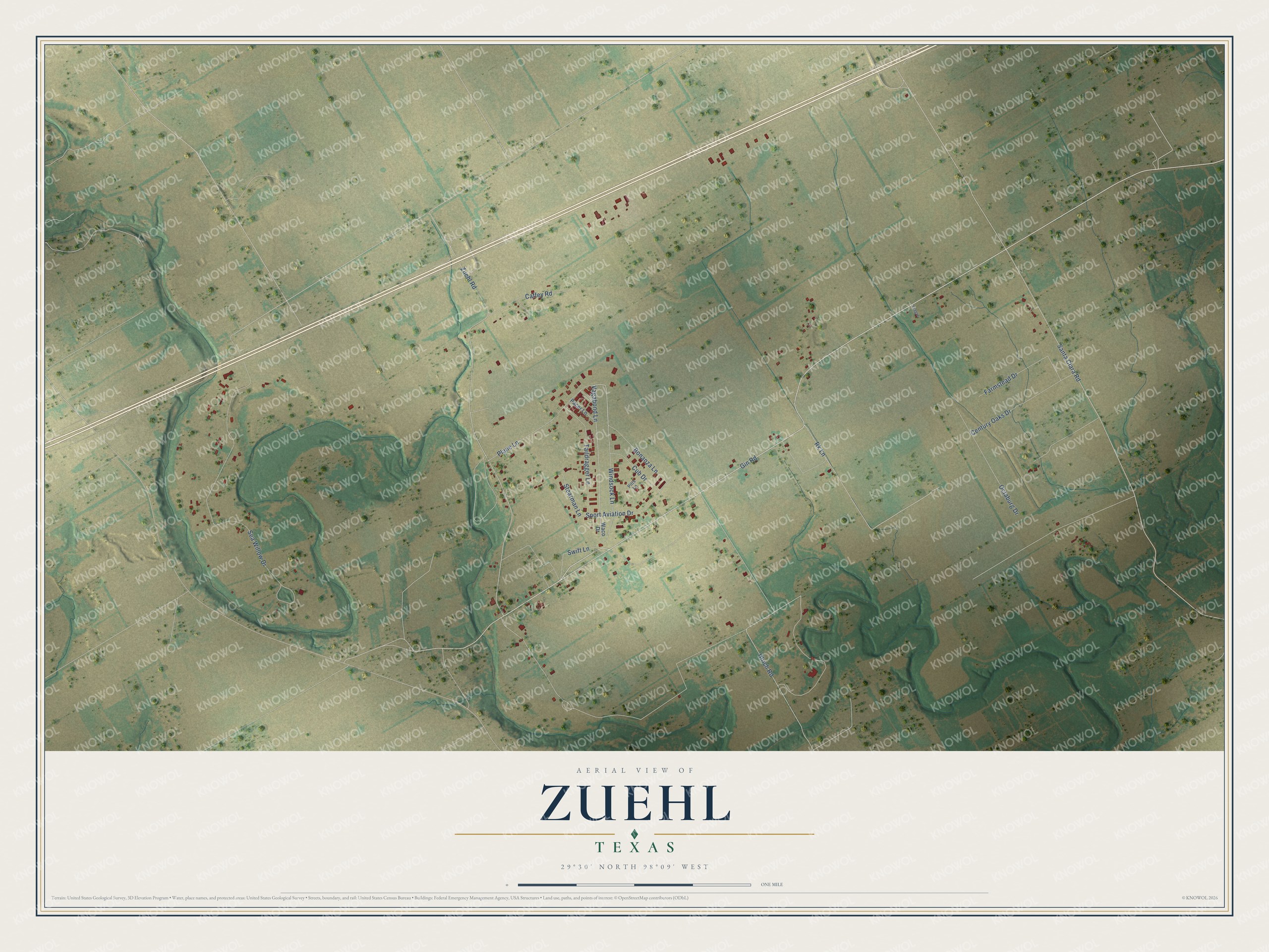 Full map of Zuehl, Texas, with red buildings, printed street names and the land around them