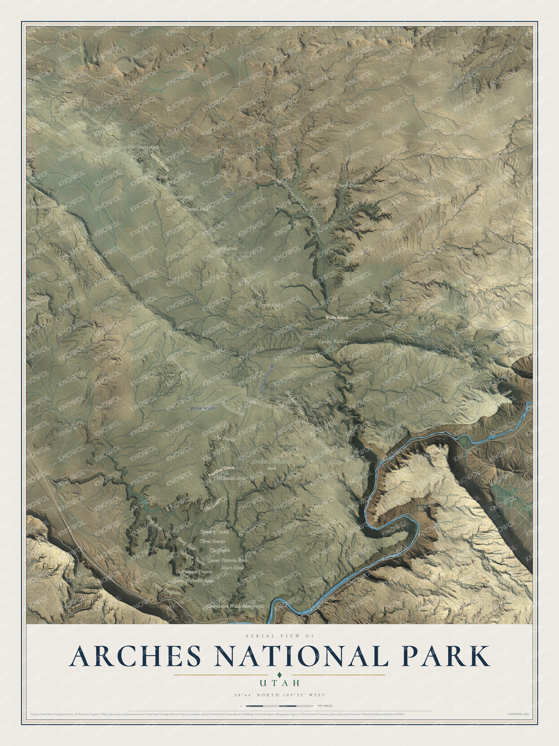 Full map of Arches National Park, with shaded relief across its sandstone fins and the names of its arches