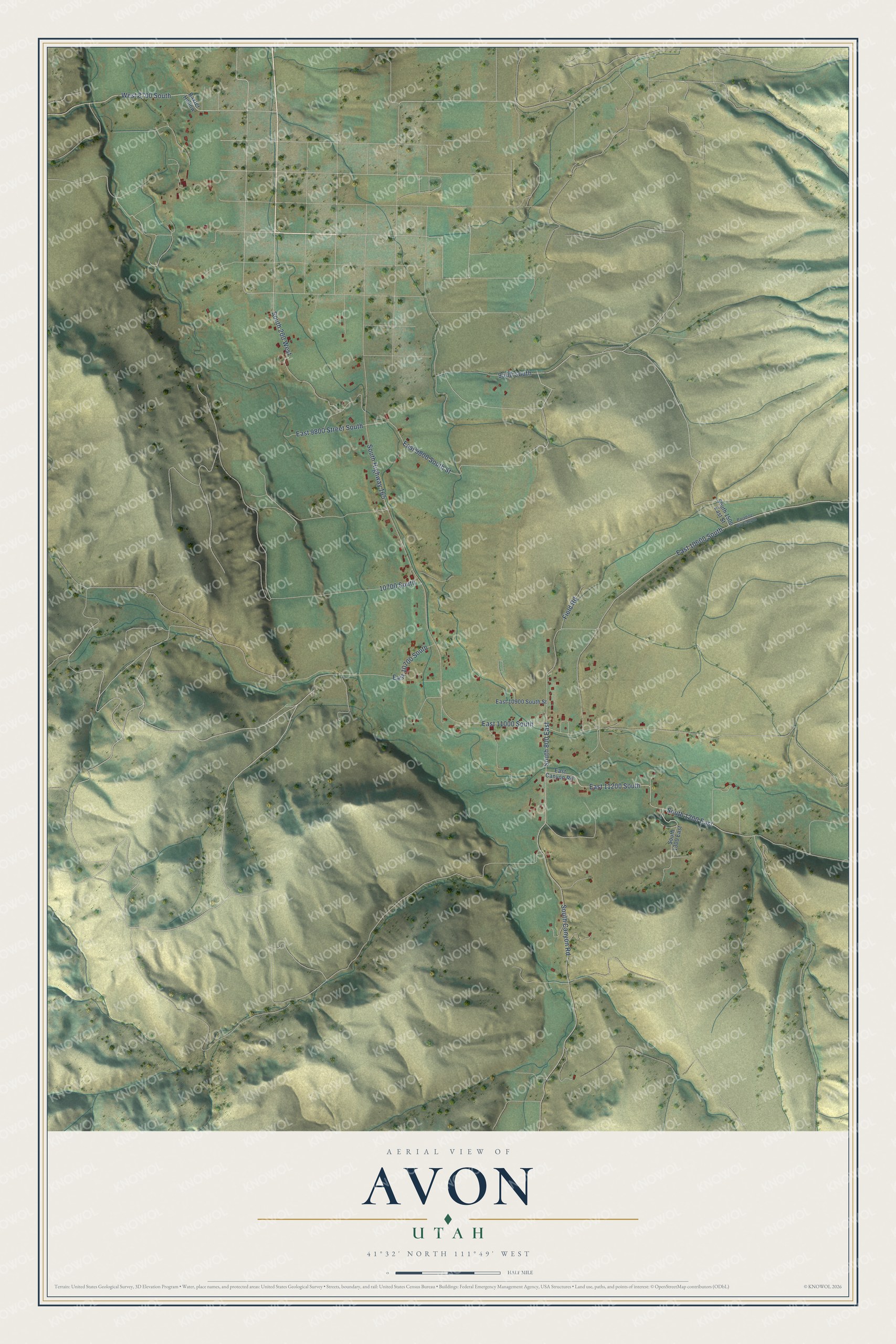 Full map of Avon, Utah, with red buildings, printed street names and the land around them