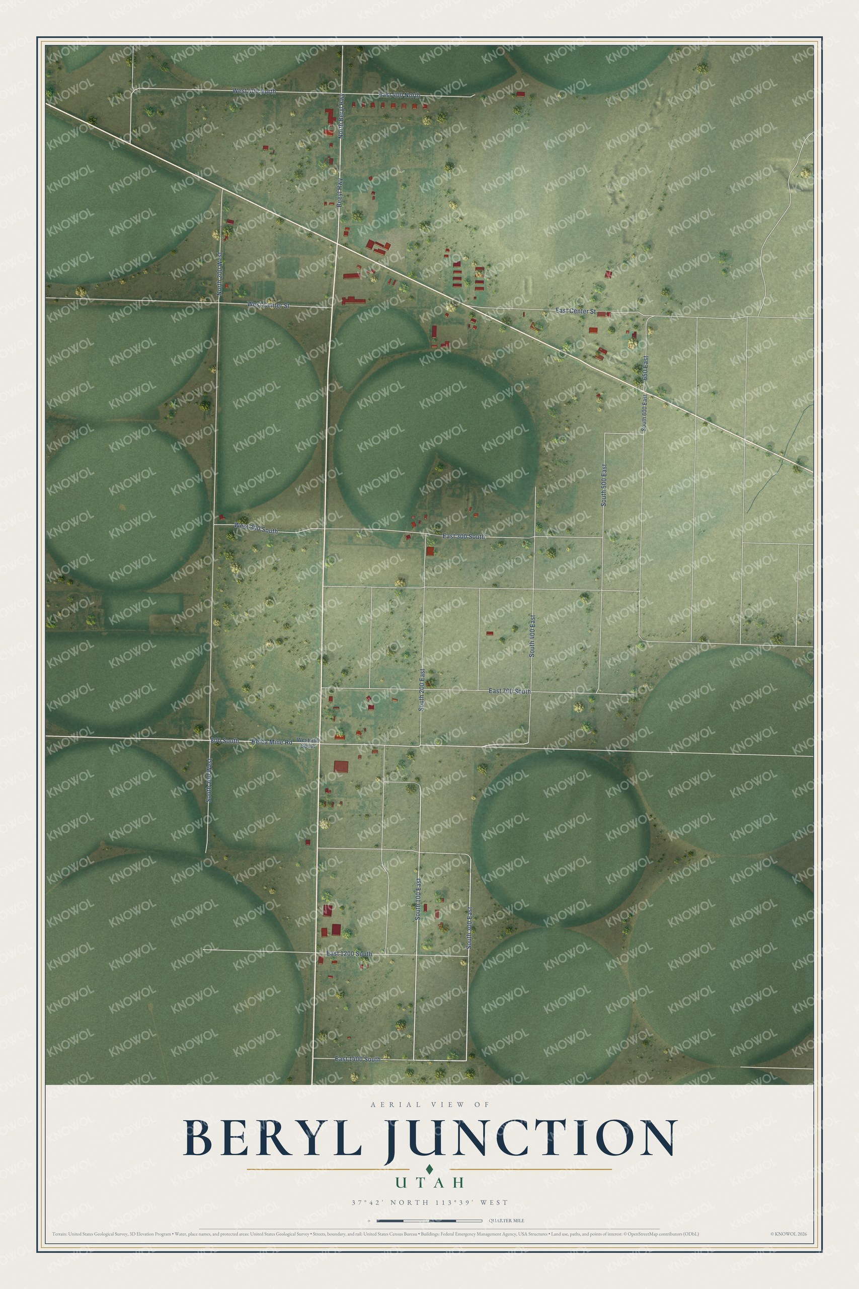 Full map of Beryl Junction, Utah, with red buildings, printed street names and the land around them