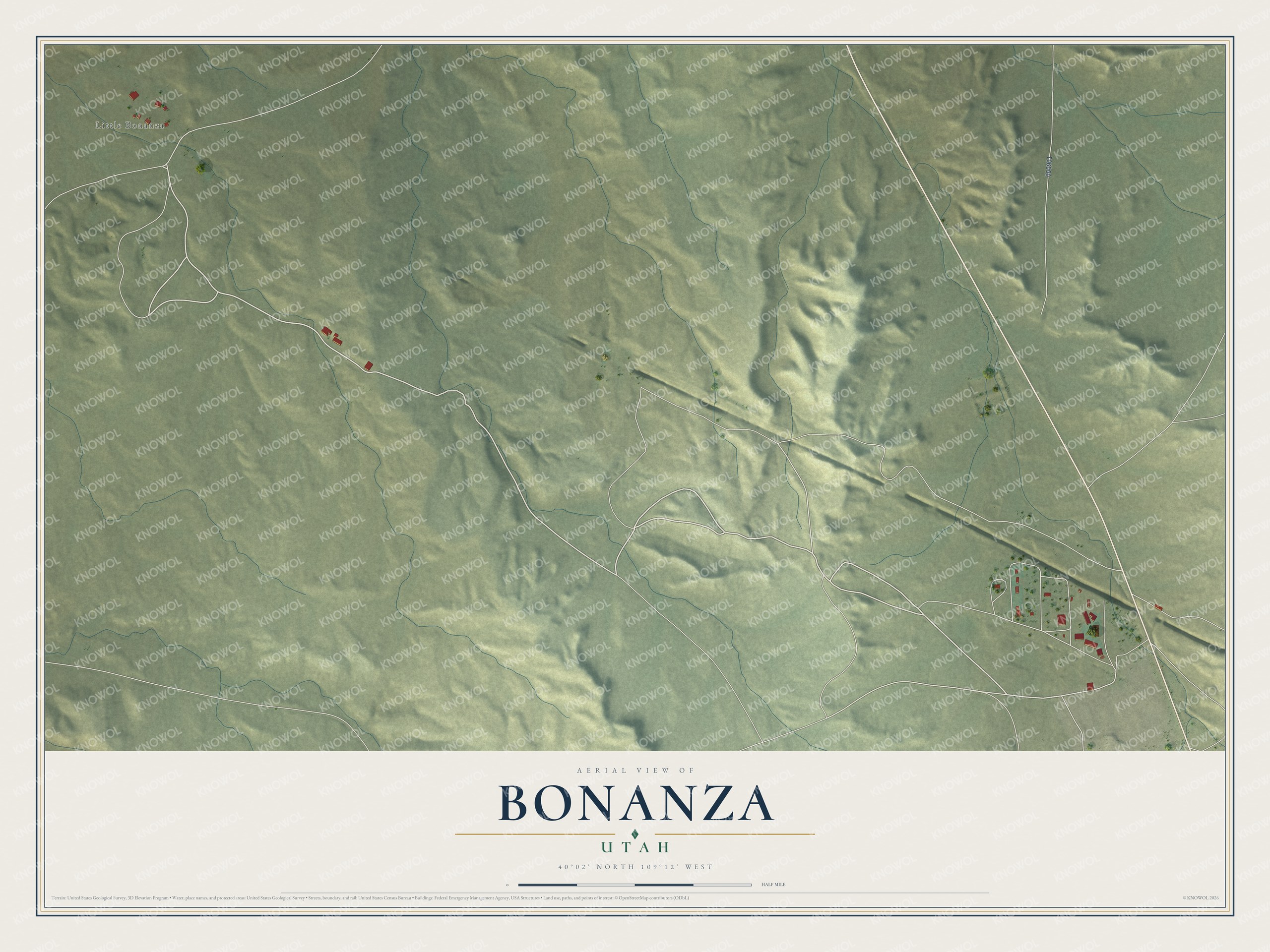 Full map of Bonanza, Utah, with red buildings, printed street names and the land around them