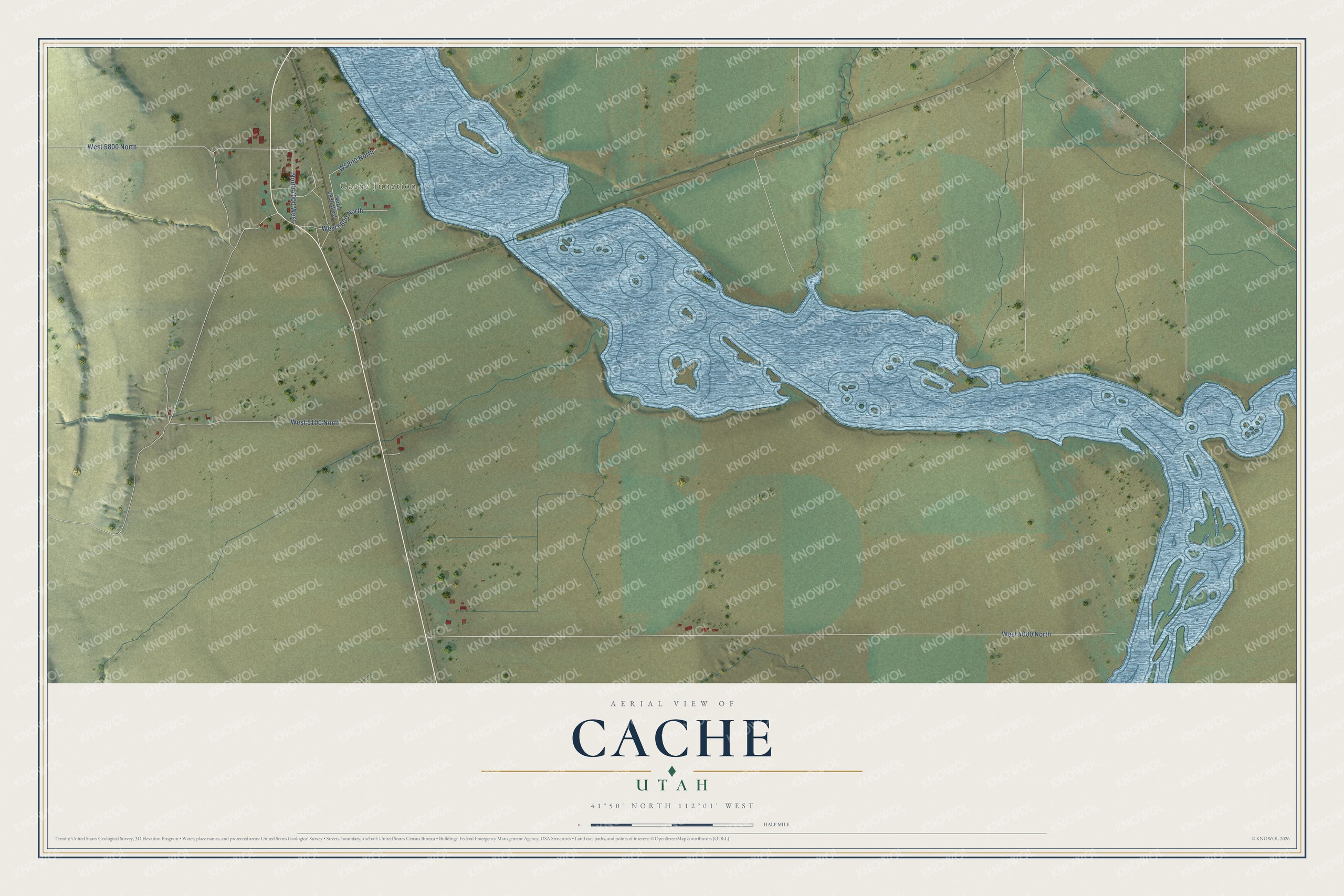 Full map of Cache, Utah, with red buildings, printed street names and the land around them