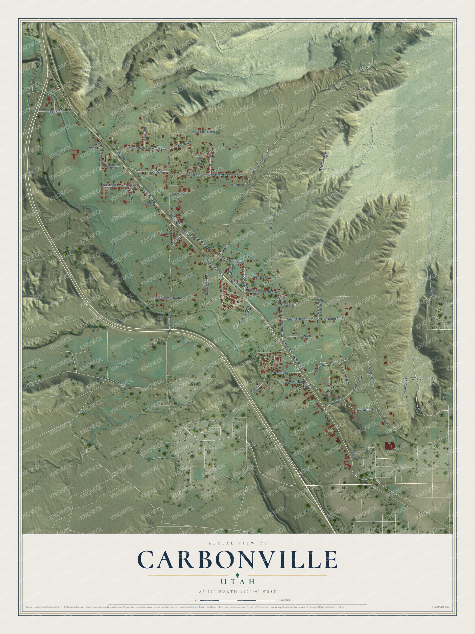 Full map of Carbonville, Utah, with red buildings, printed street names and the land around them