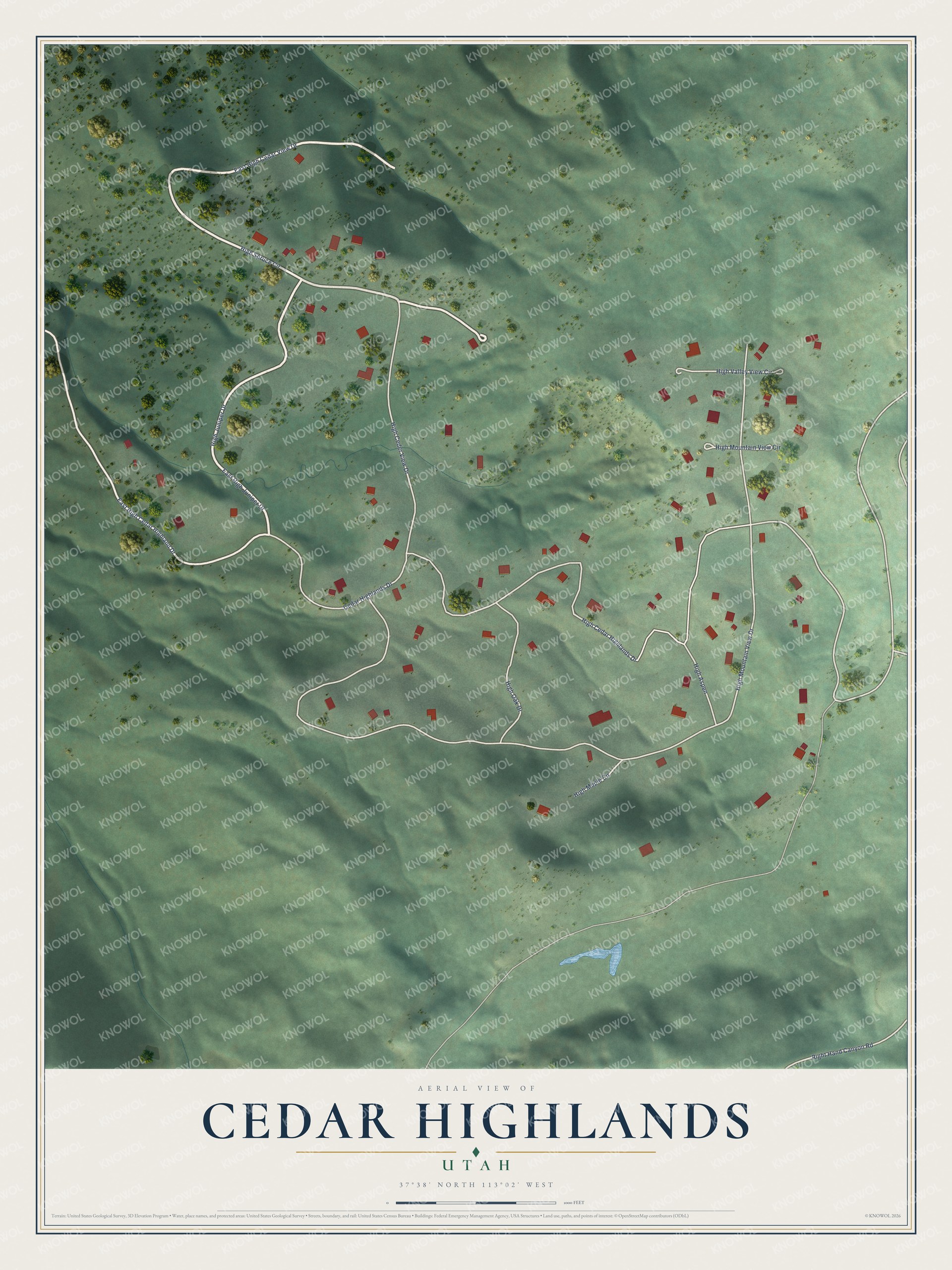 Full map of Cedar Highlands, Utah, with red buildings, printed street names and the land around them
