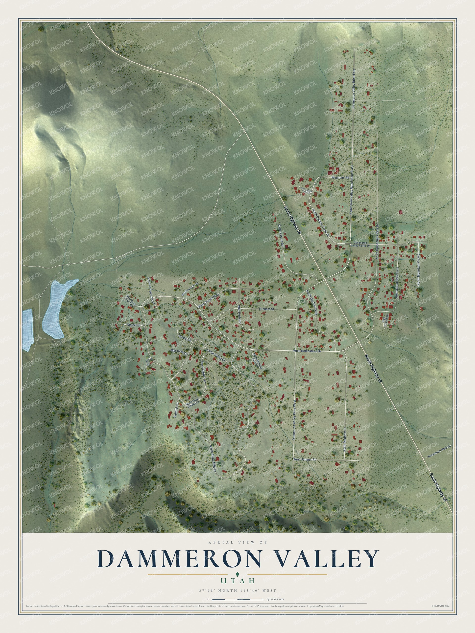 Full map of Dammeron Valley, Utah, with red buildings, printed street names and the land around them