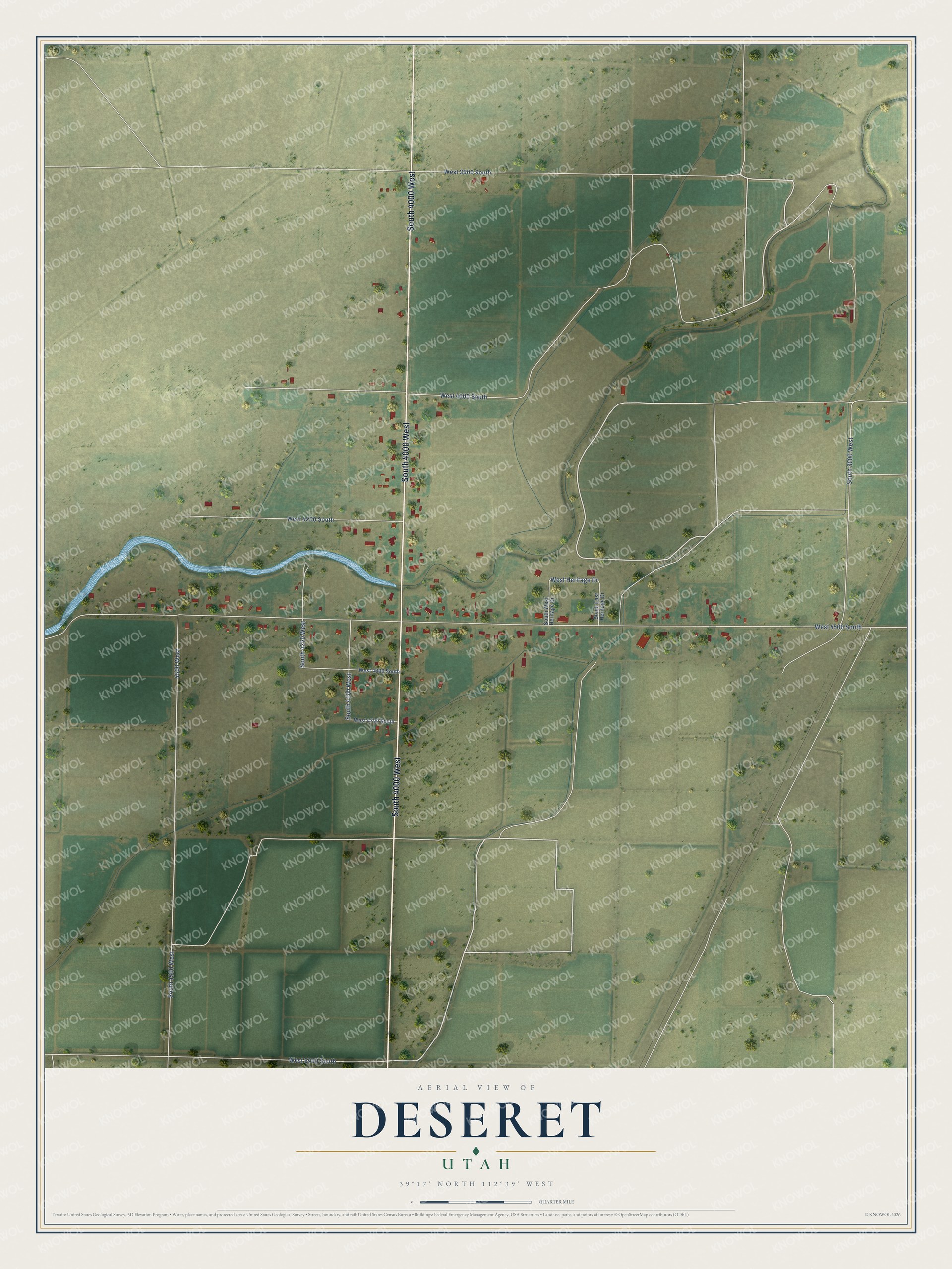 Full map of Deseret, Utah, with red buildings, printed street names and the land around them
