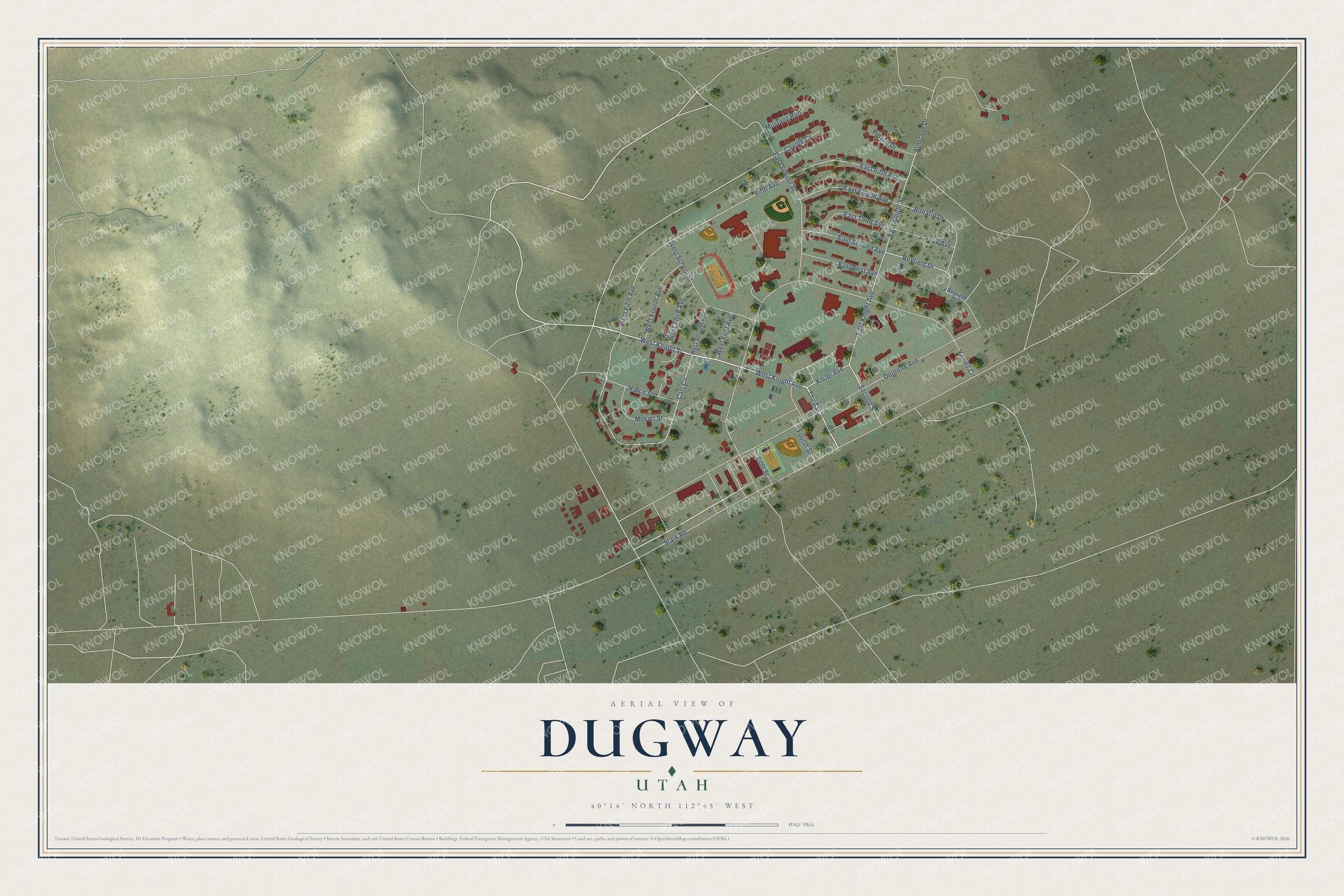 Full map of Dugway, Utah, with red buildings, printed street names and the land around them