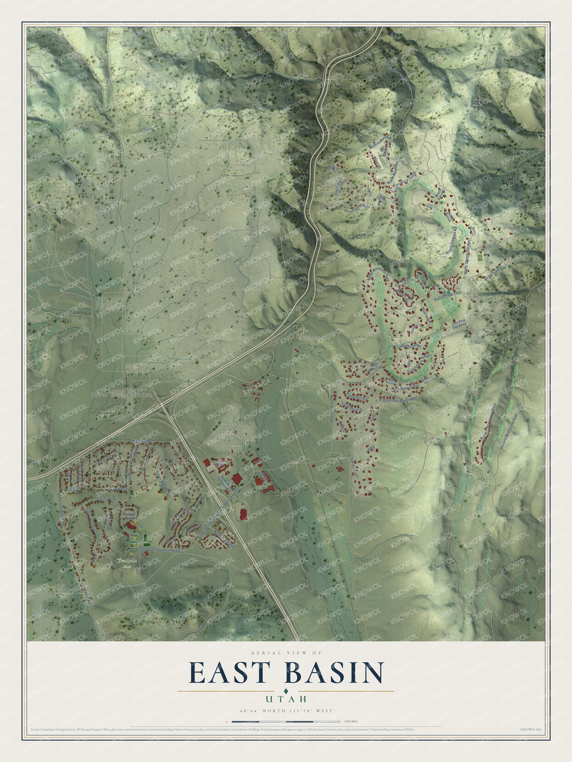 Full map of East Basin, Utah, with red buildings, printed street names and the land around them