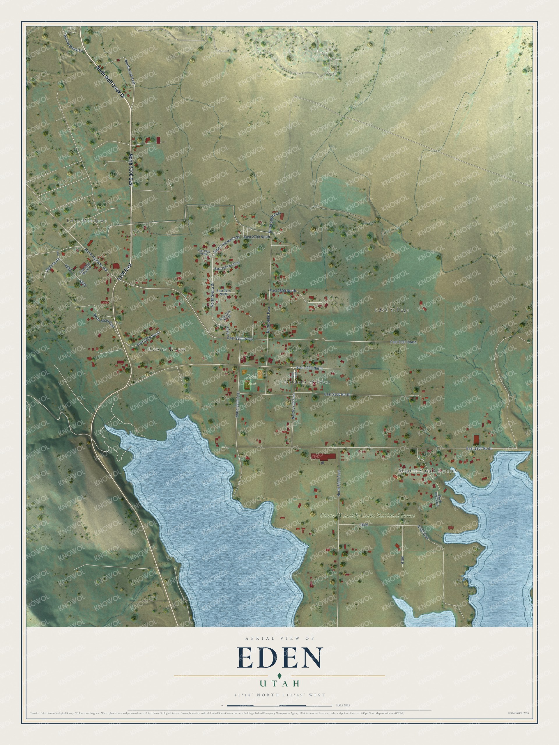 Full map of Eden, Utah, with red buildings, printed street names and the land around them