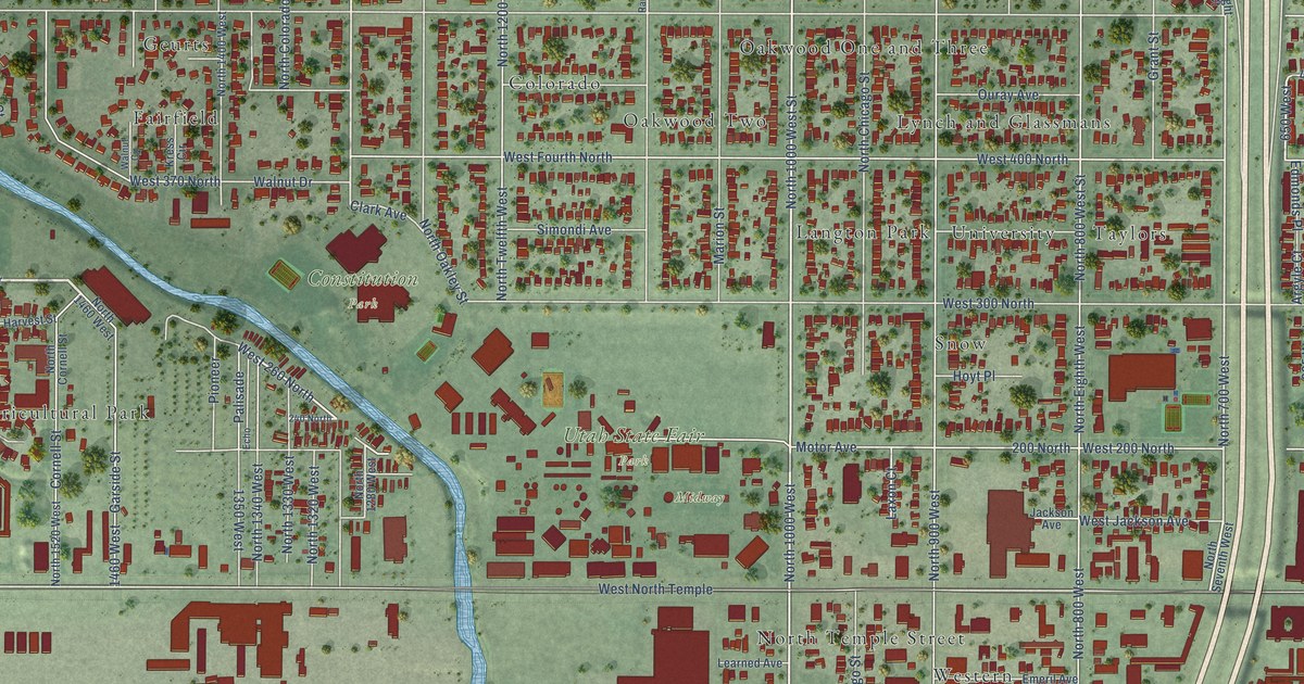 Close-up of streets and buildings in Fairpark, Utah