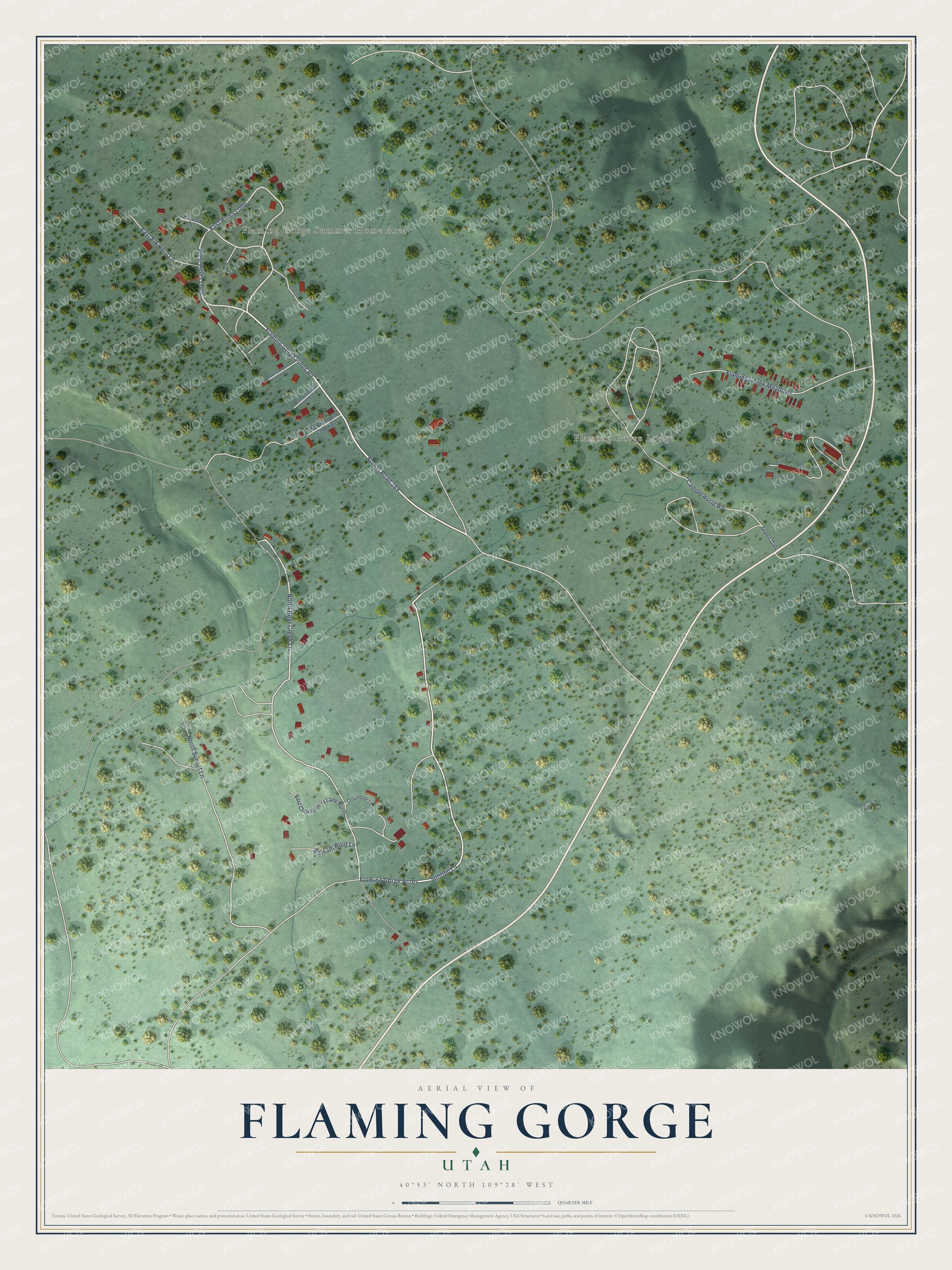 Full map of Flaming Gorge, Utah, with red buildings, printed street names and the land around them