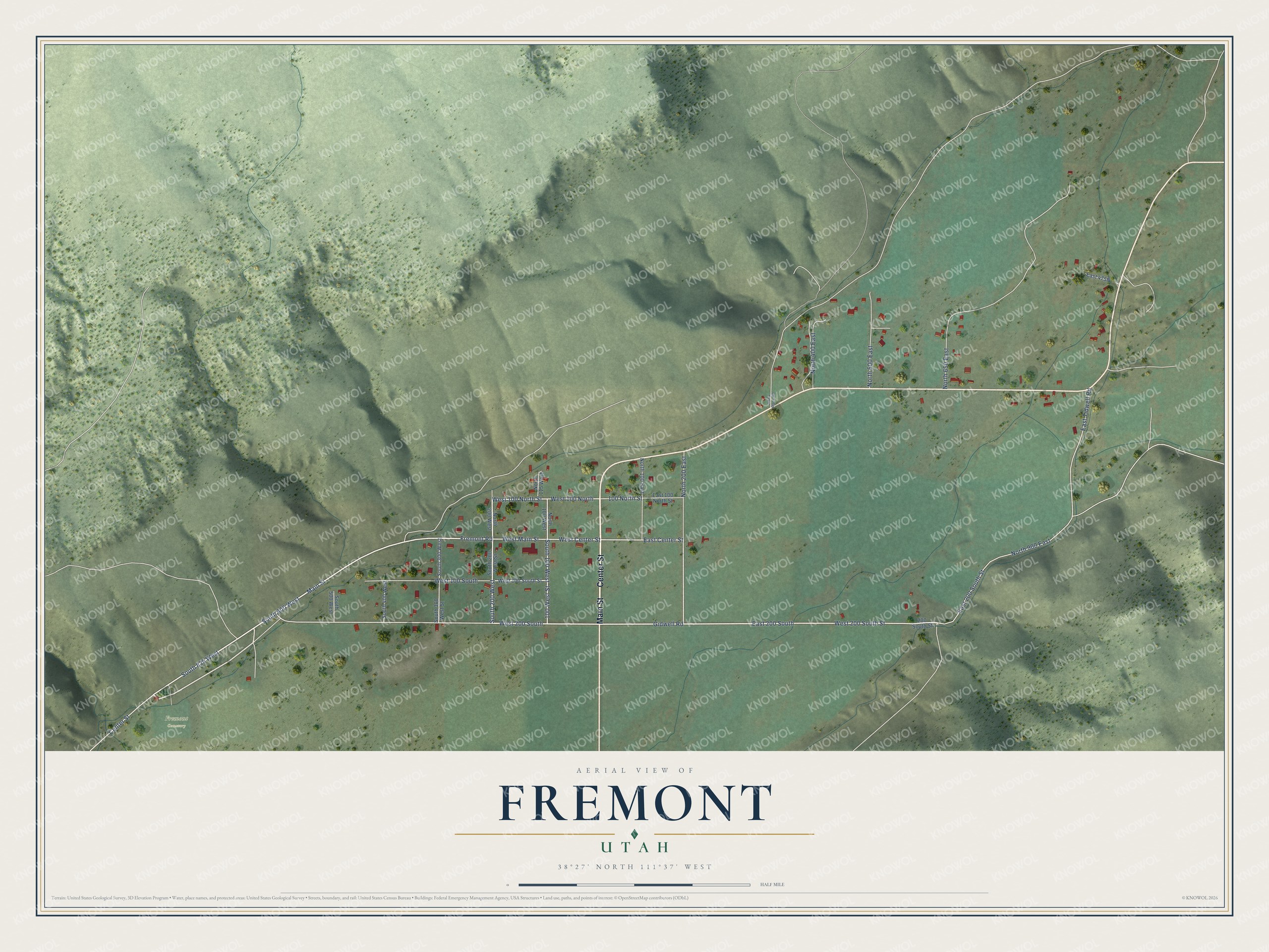 Full map of Fremont, Utah, with red buildings, printed street names and the land around them