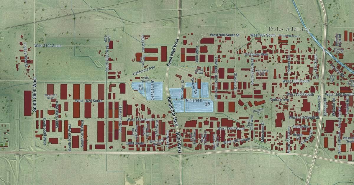 Close-up of streets and buildings in Glendale, Salt Lake City, Utah