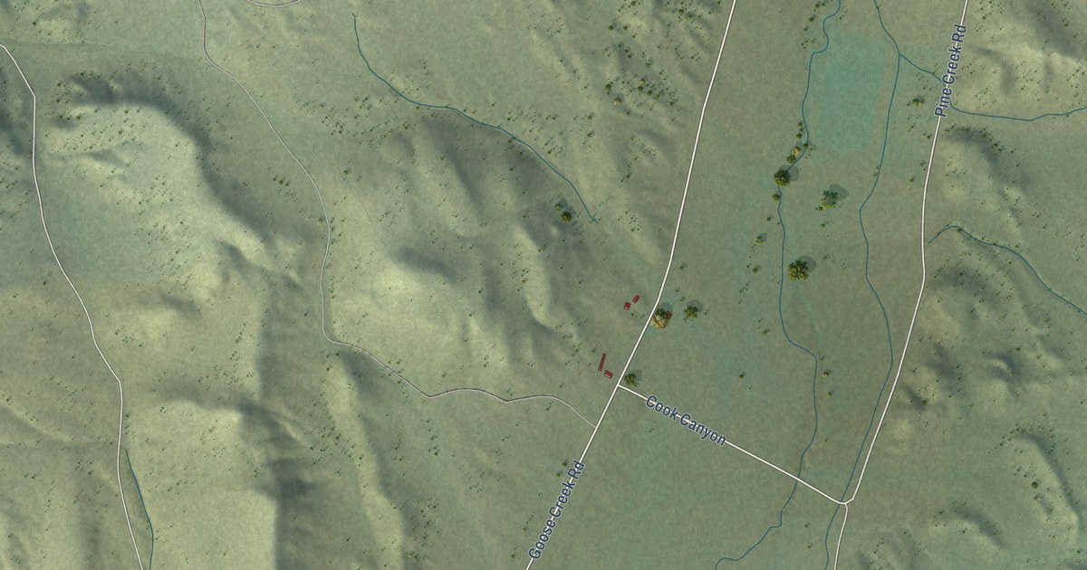 Close-up of streets and buildings in Grouse Creek, Utah