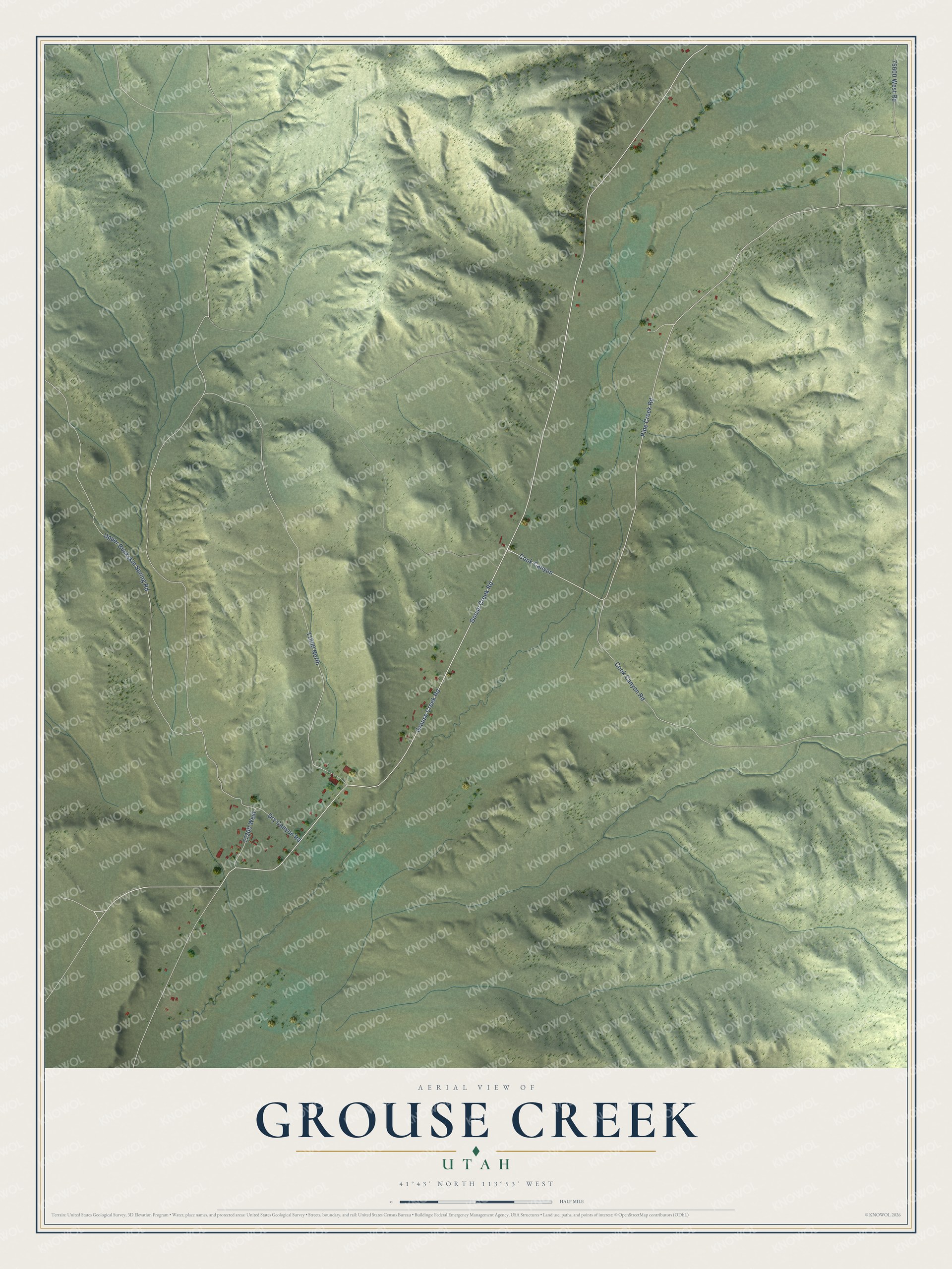 Full map of Grouse Creek, Utah, with red buildings, printed street names and the land around them