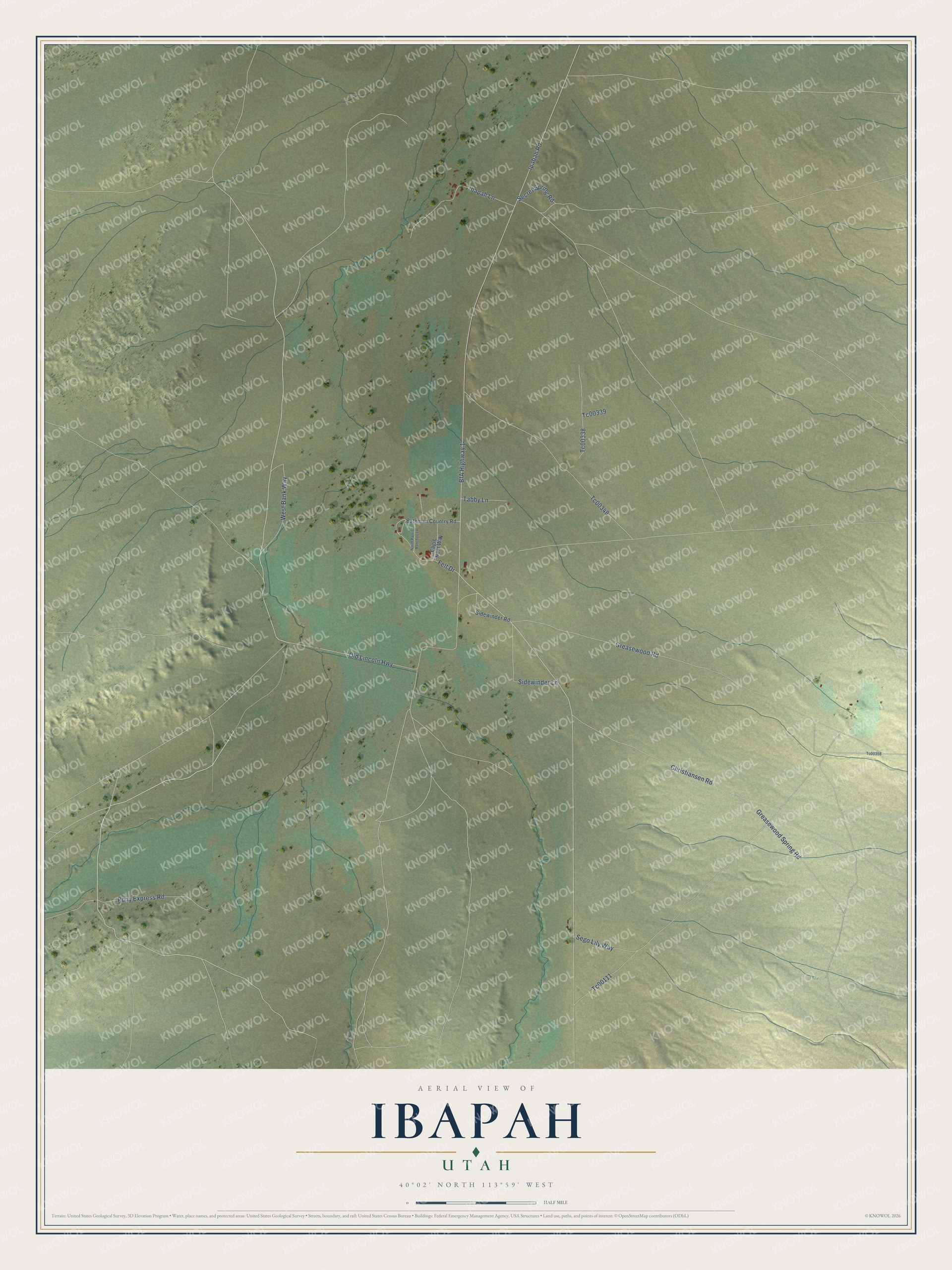 Full map of Ibapah, Utah, with red buildings, printed street names and the land around them