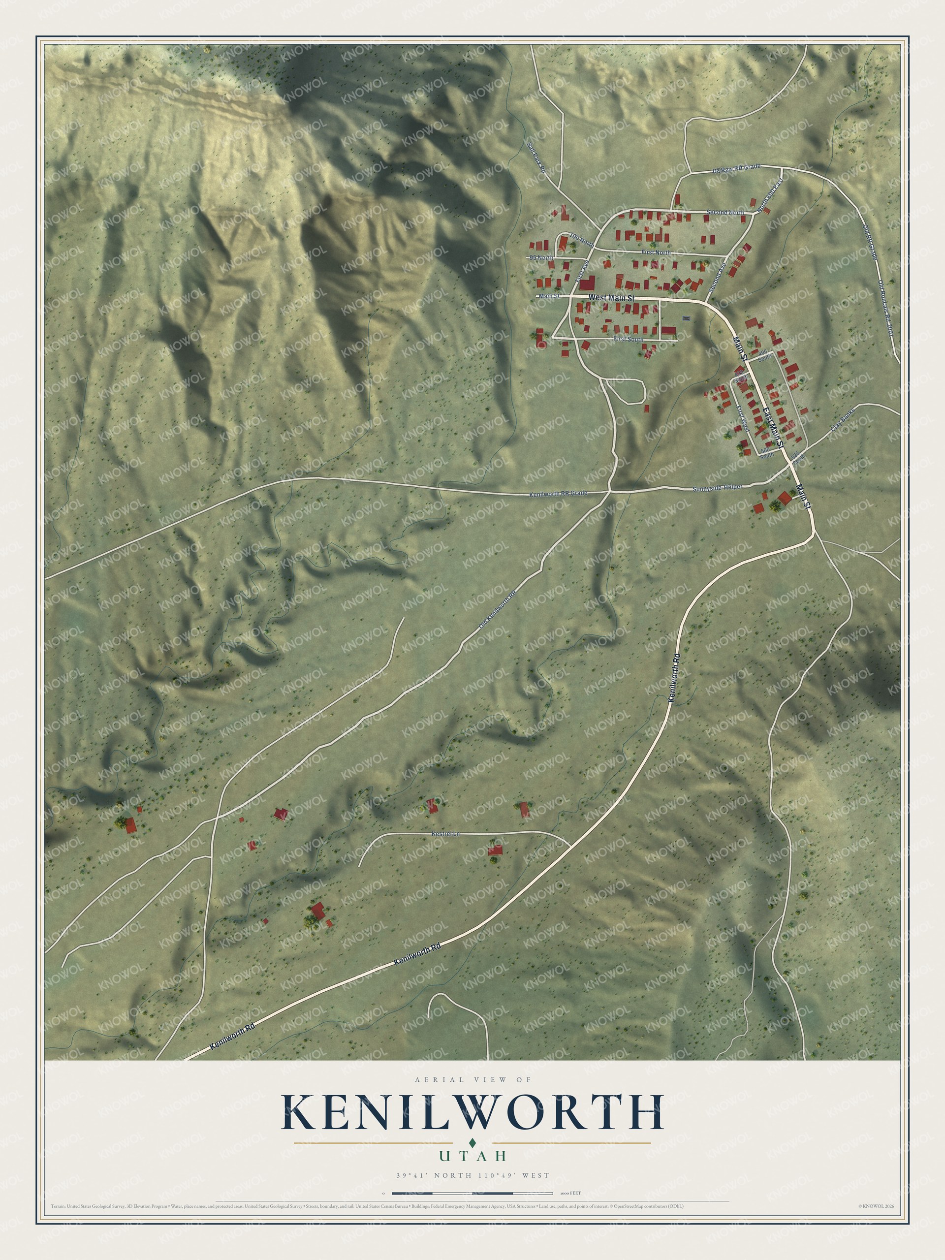 Full map of Kenilworth, Utah, with red buildings, printed street names and the land around them