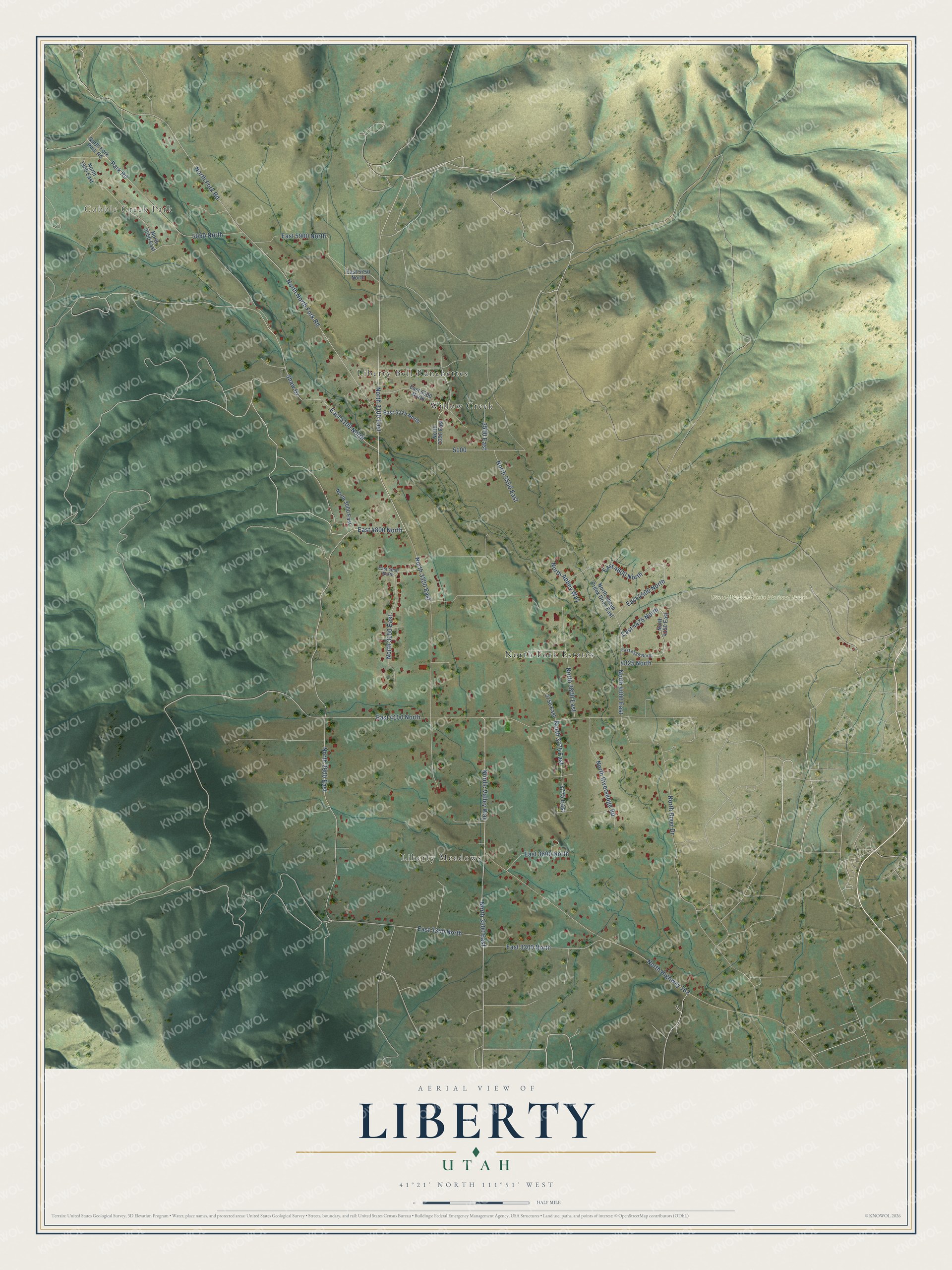 Full map of Liberty, Utah, with red buildings, printed street names and the land around them