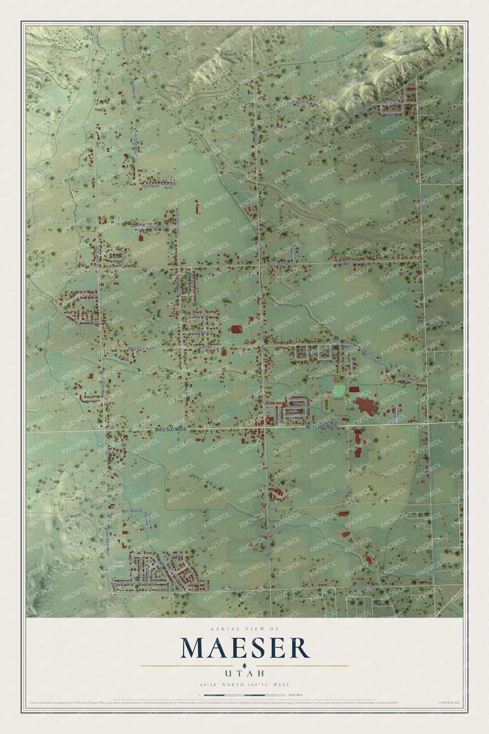 Full map of Maeser, Utah, with red buildings, printed street names and the land around them