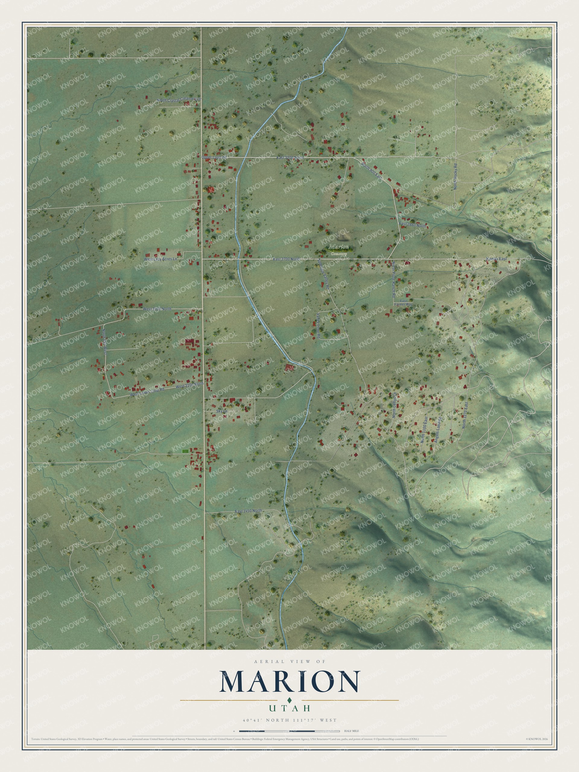 Full map of Marion, Utah, with red buildings, printed street names and the land around them