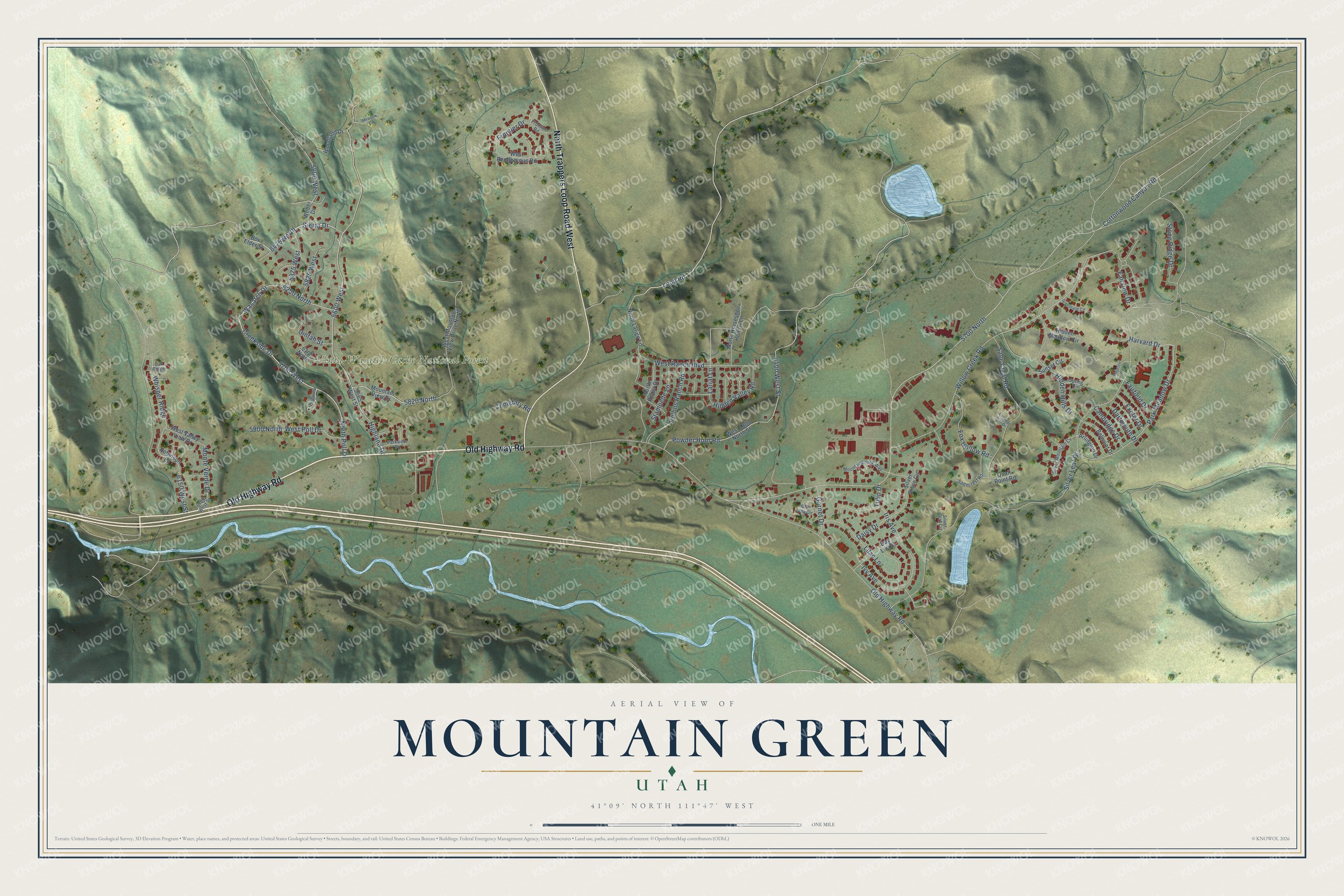 Full map of Mountain Green, Utah, with red buildings, printed street names and the land around them
