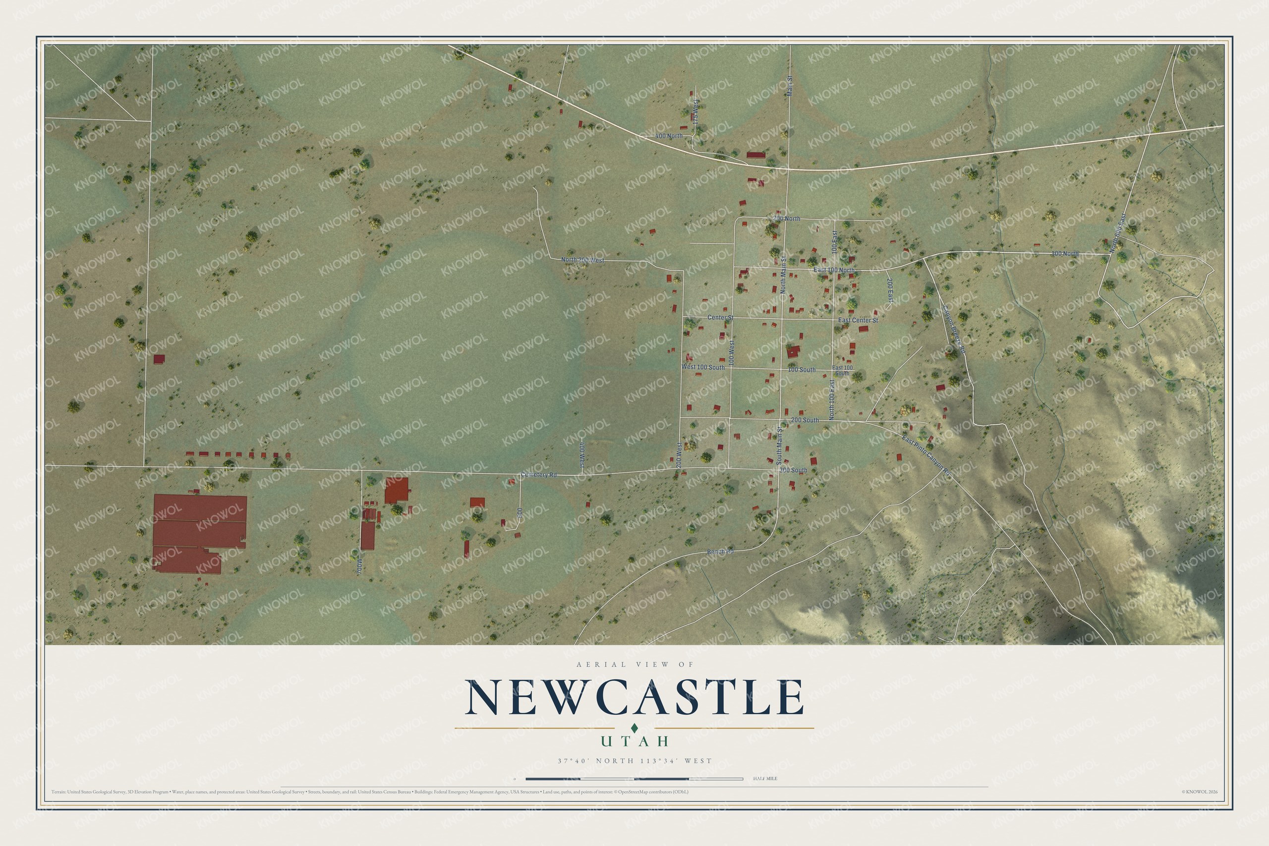 Full map of Newcastle, Utah, with red buildings, printed street names and the land around them