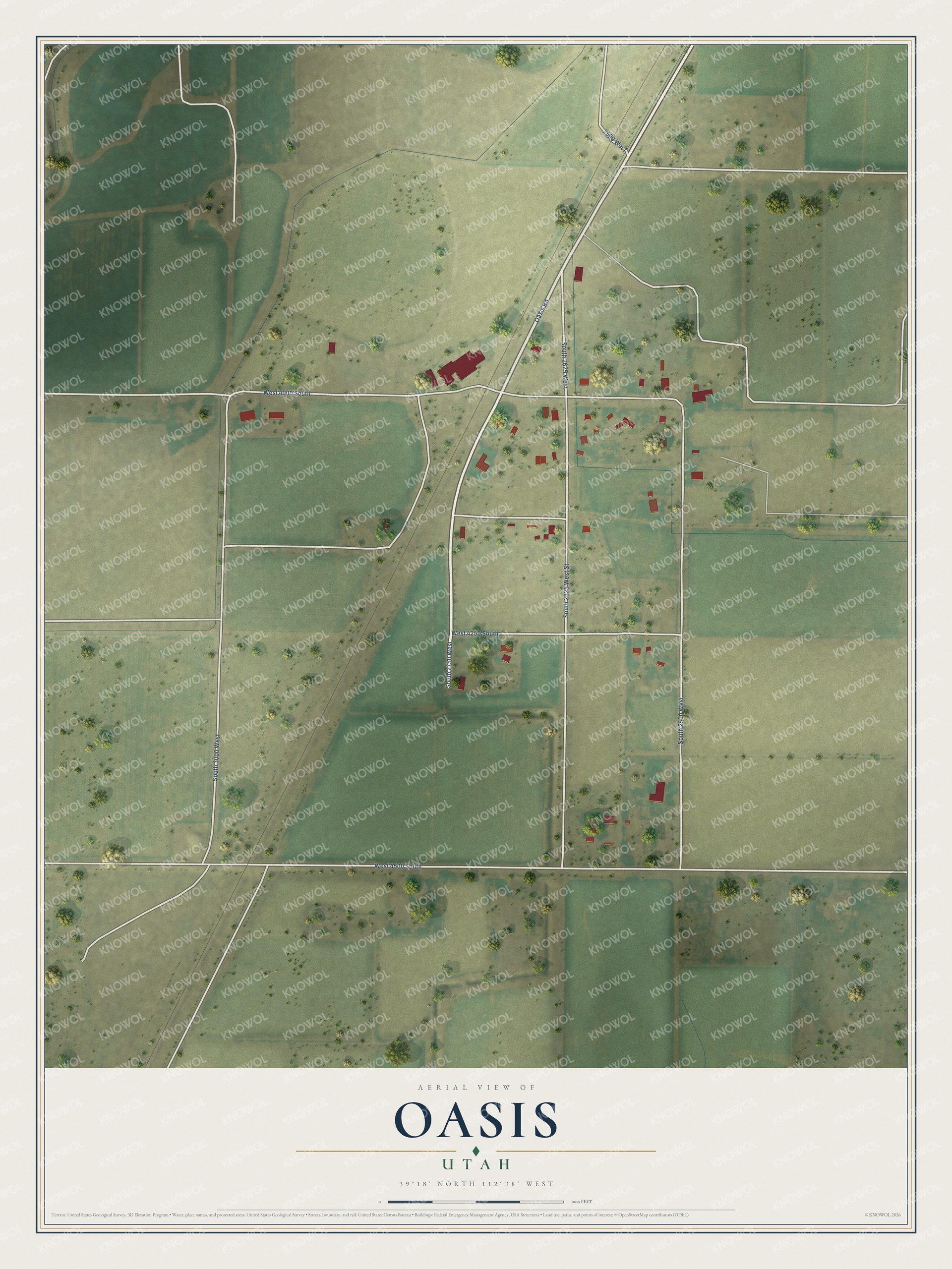 Full map of Oasis, Utah, with red buildings, printed street names and the land around them
