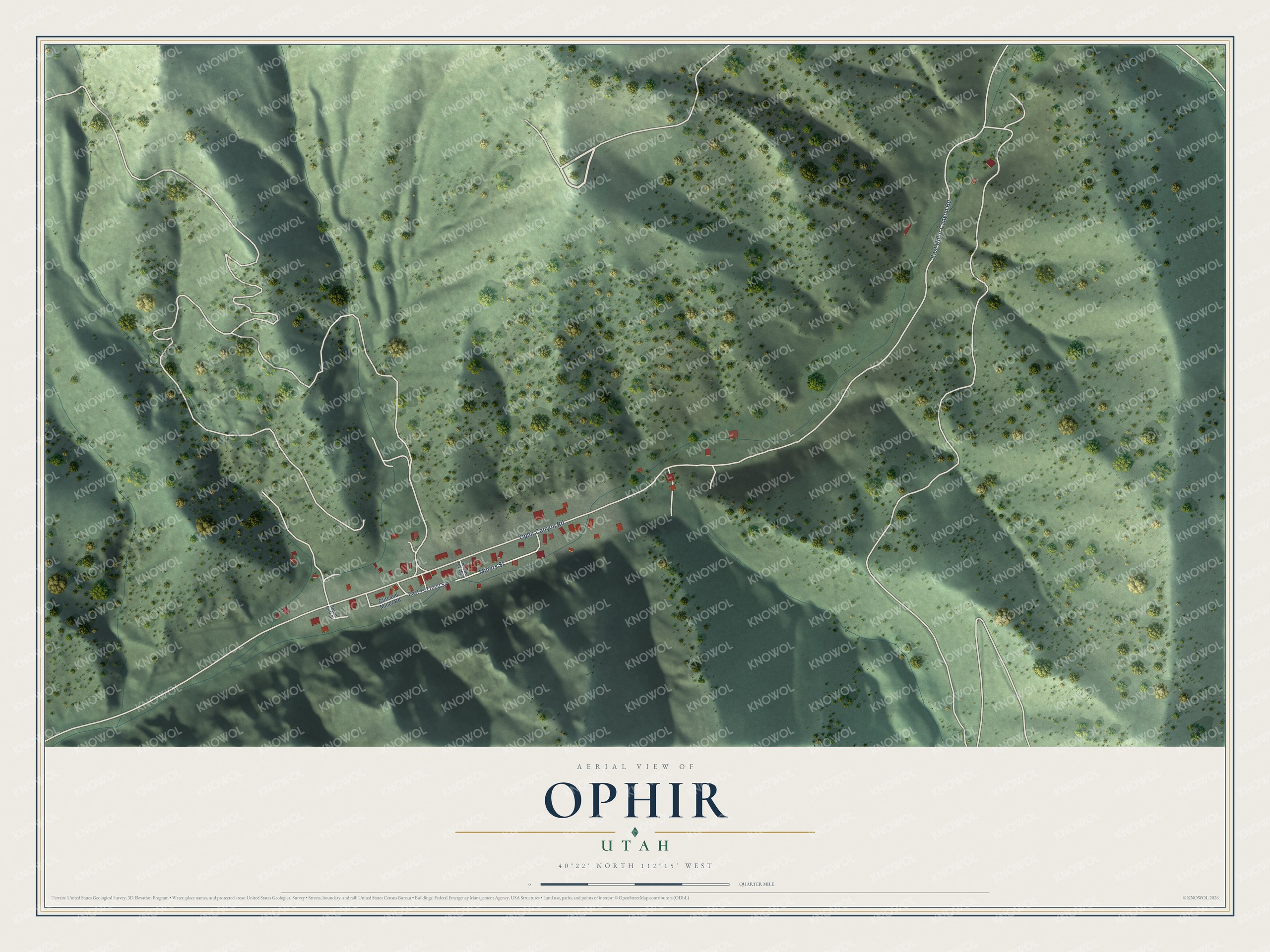 Full map of Ophir, Utah, with red buildings, printed street names and the land around them