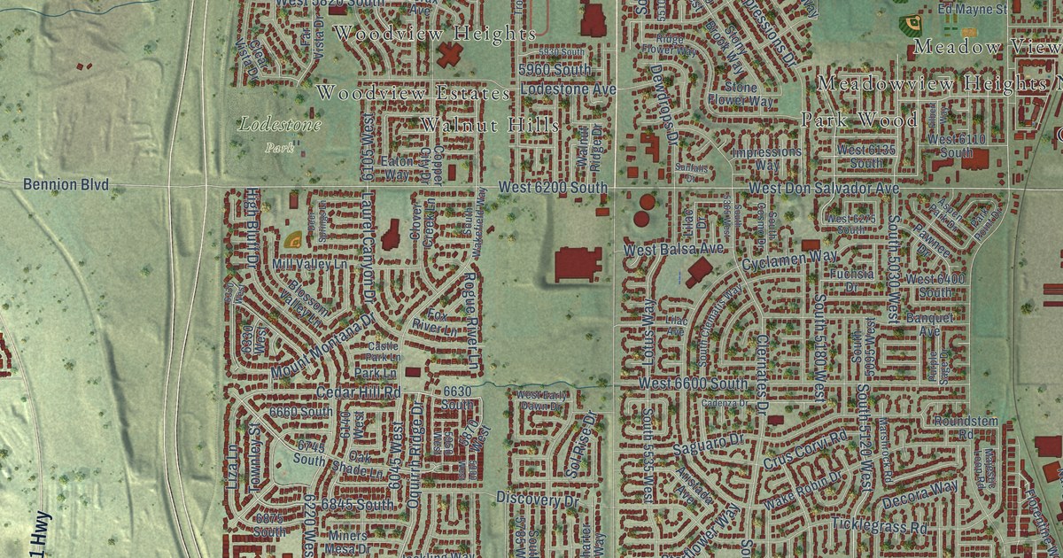 Close-up of streets and buildings in Oquirrh, Utah