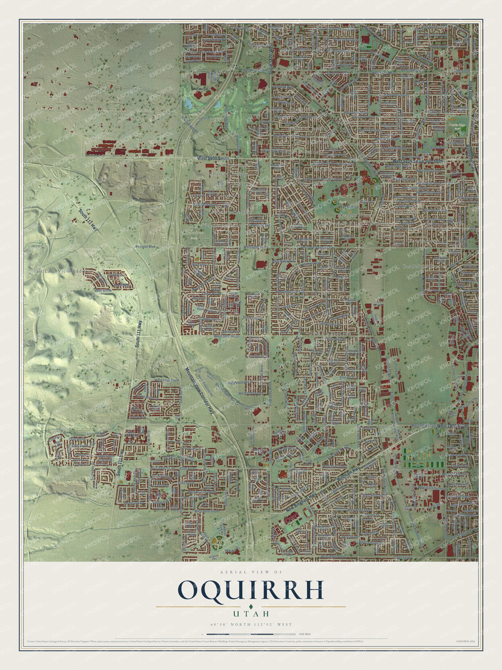 Full map of Oquirrh, Utah, with red buildings, printed street names and the land around them