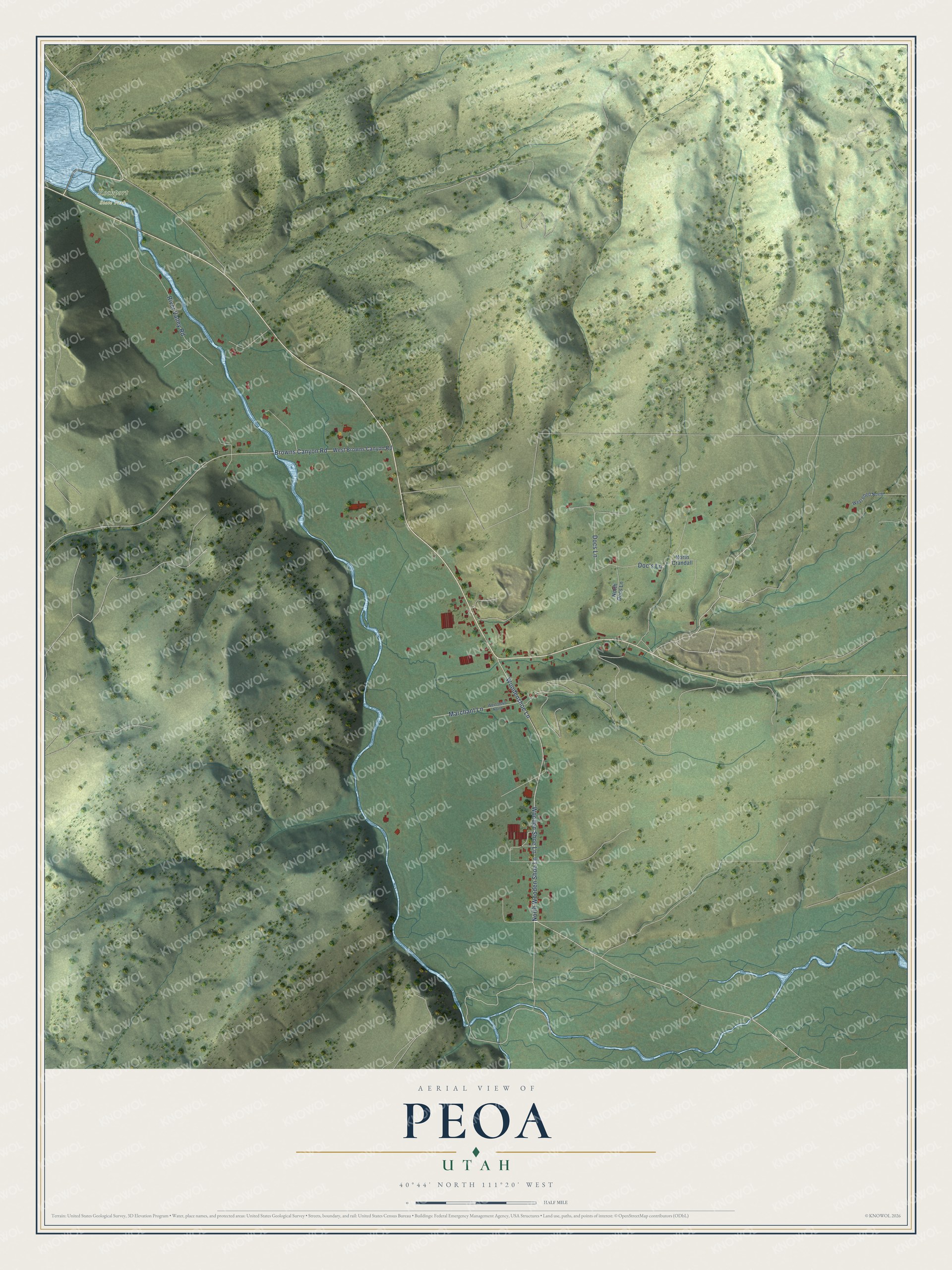 Full map of Peoa, Utah, with red buildings, printed street names and the land around them