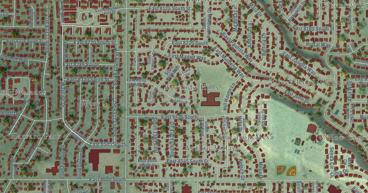 Close-up of streets and buildings in Peruvian Park, Utah