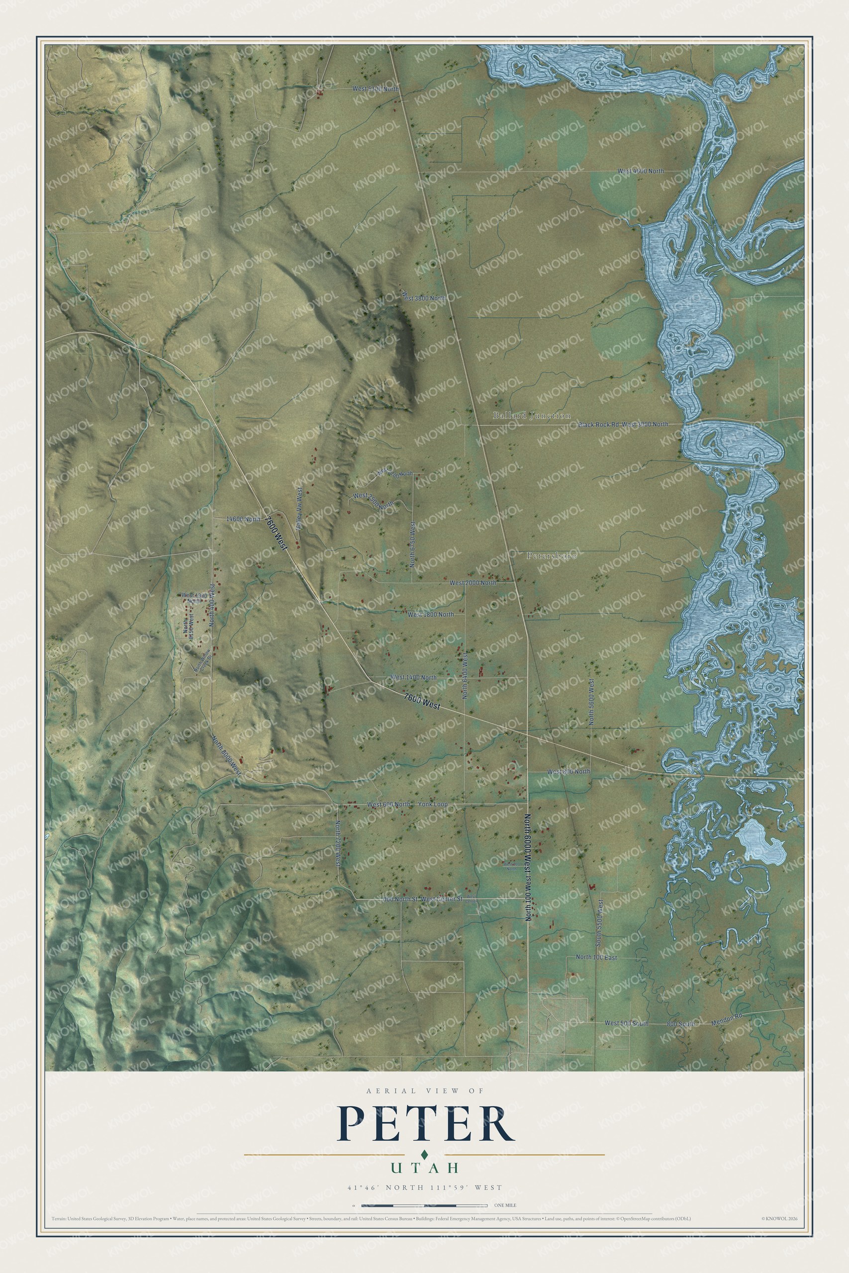 Full map of Peter, Utah, with red buildings, printed street names and the land around them