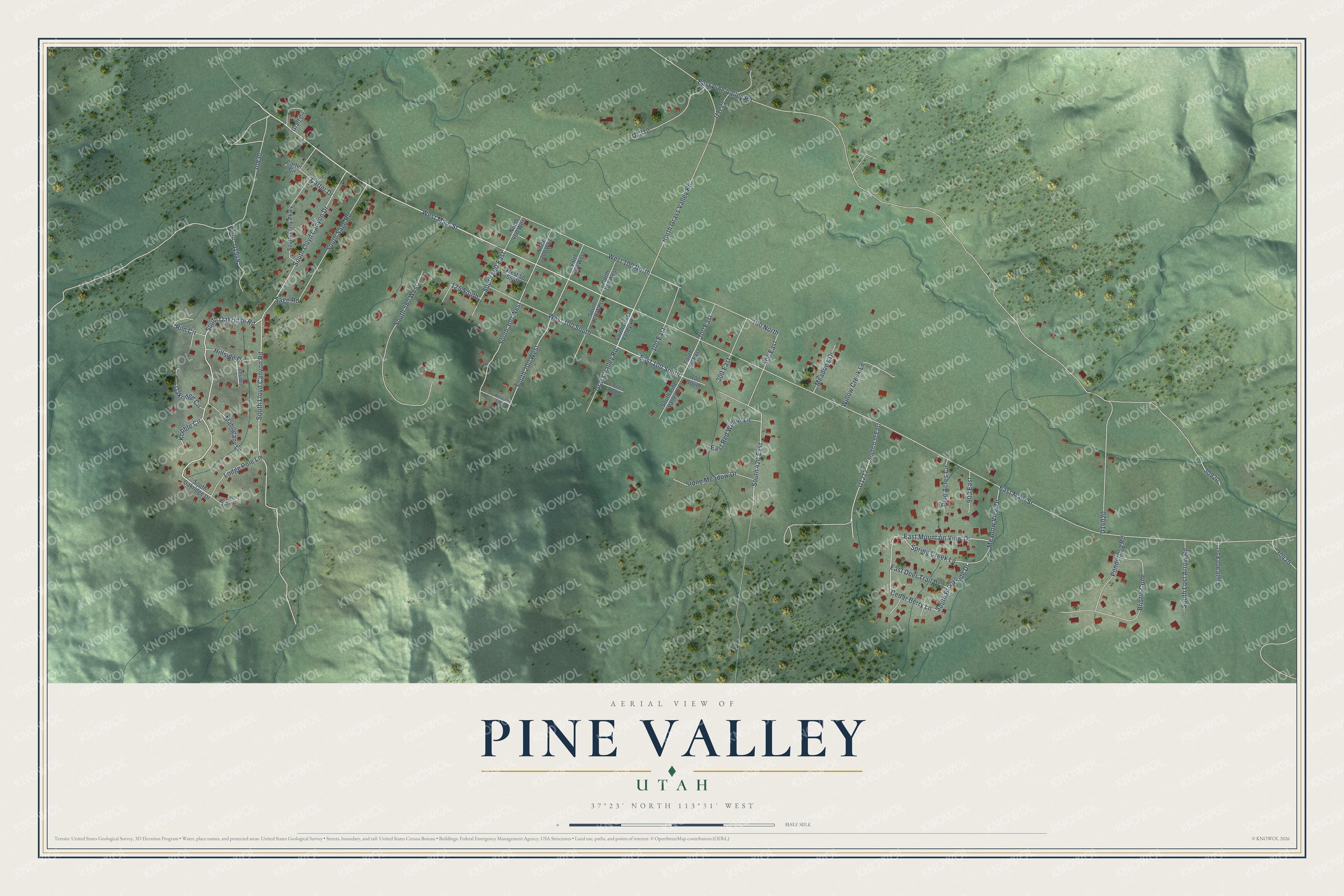 Full map of Pine Valley, Utah, with red buildings, printed street names and the land around them