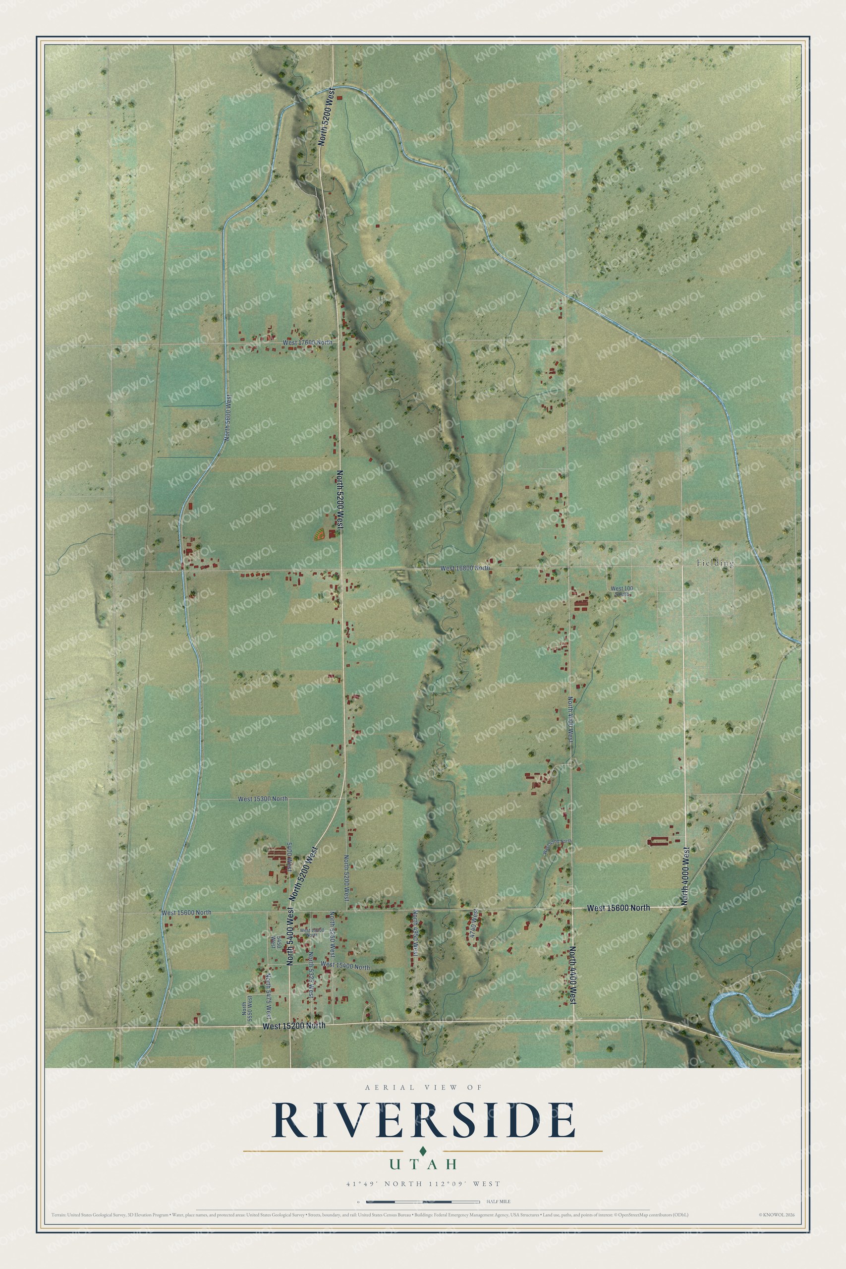 Full map of Riverside, Utah, with red buildings, printed street names and the land around them