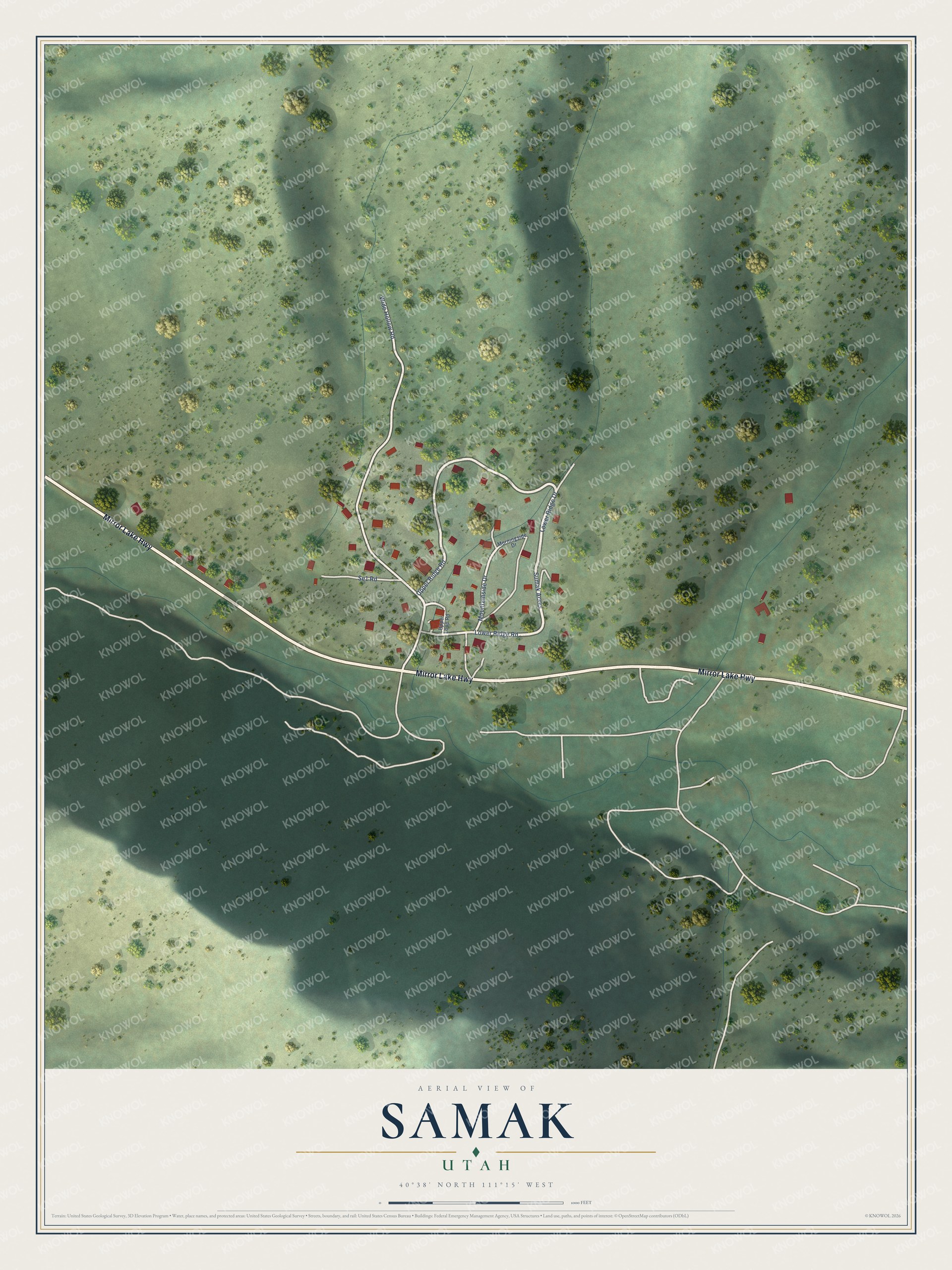 Full map of Samak, Utah, with red buildings, printed street names and the land around them