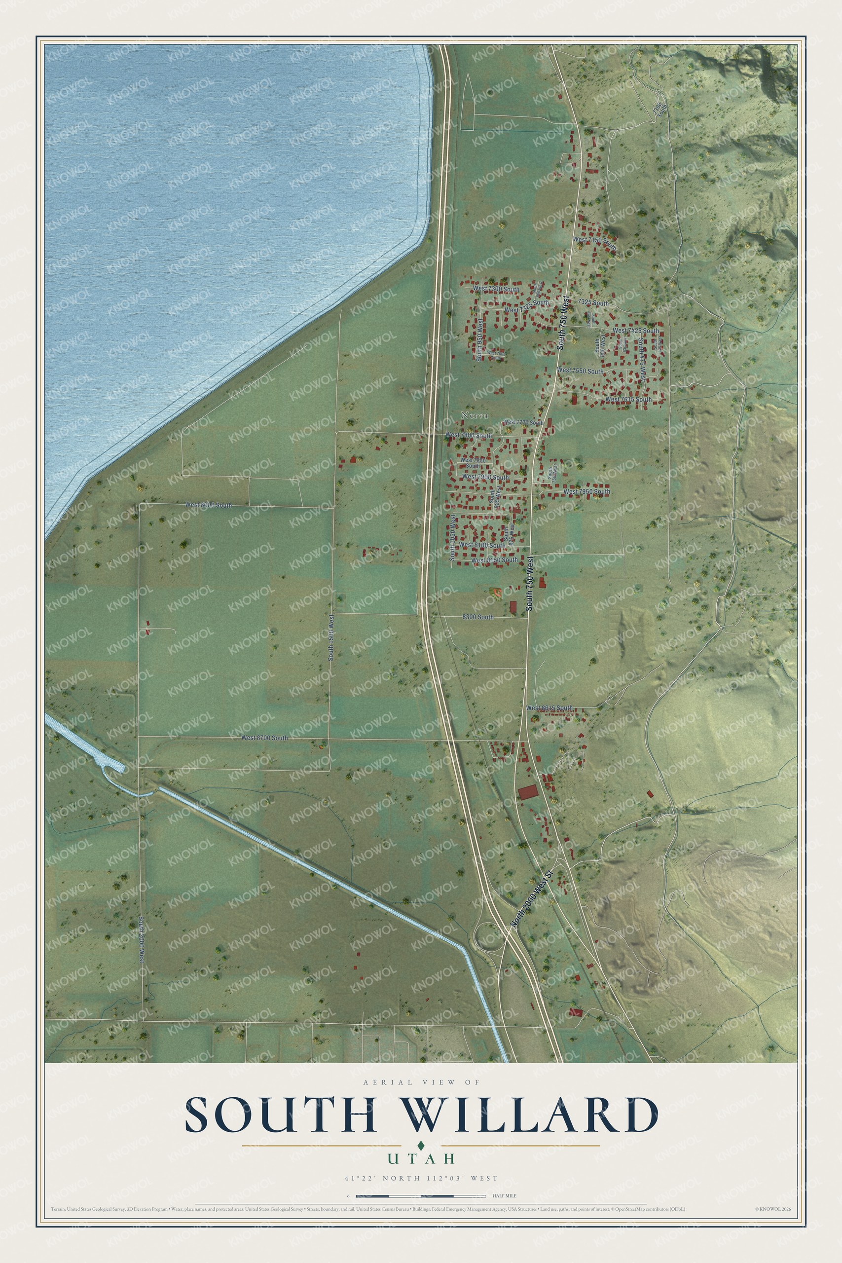 Full map of South Willard, Utah, with red buildings, printed street names and the land around them