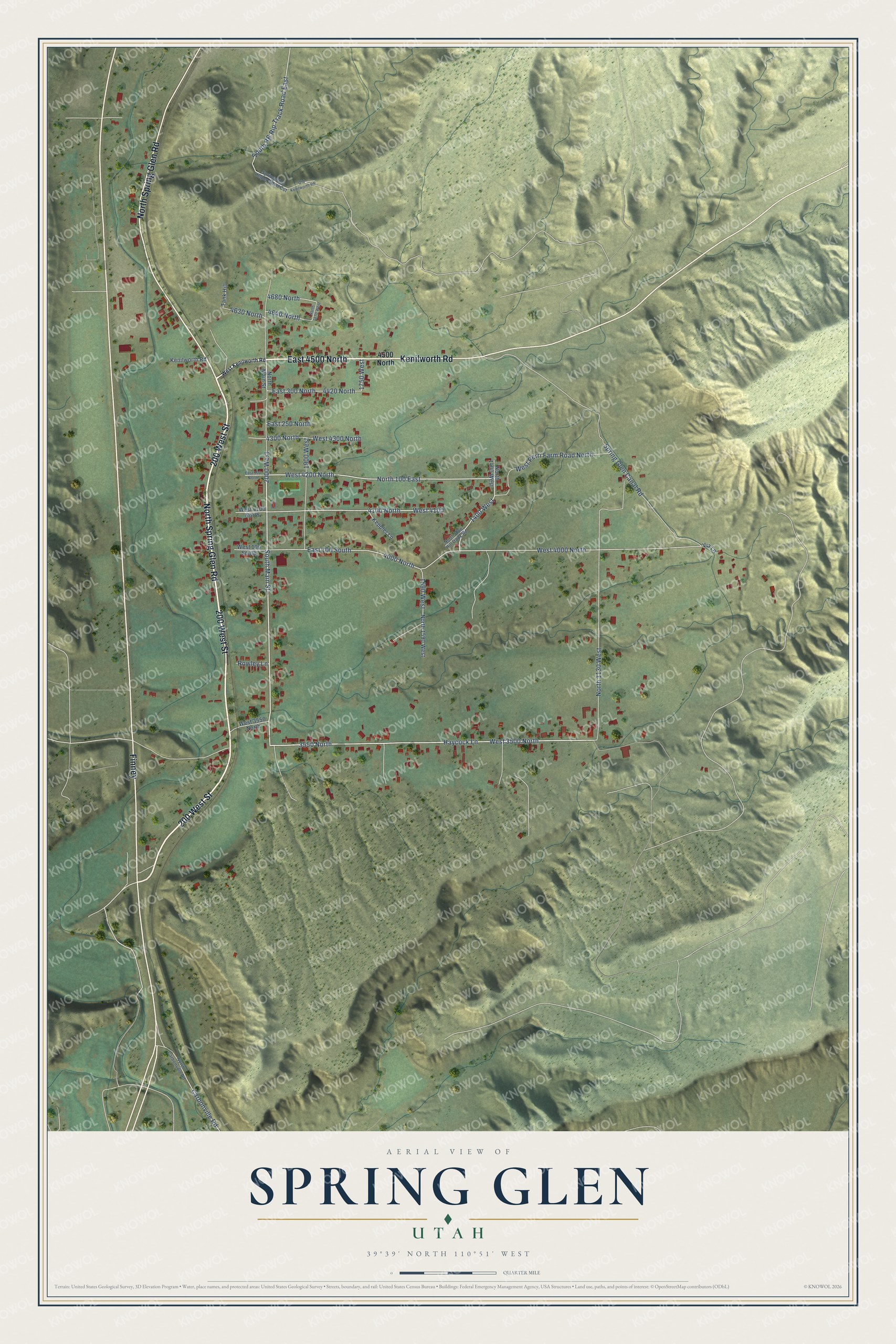 Full map of Spring Glen, Utah, with red buildings, printed street names and the land around them
