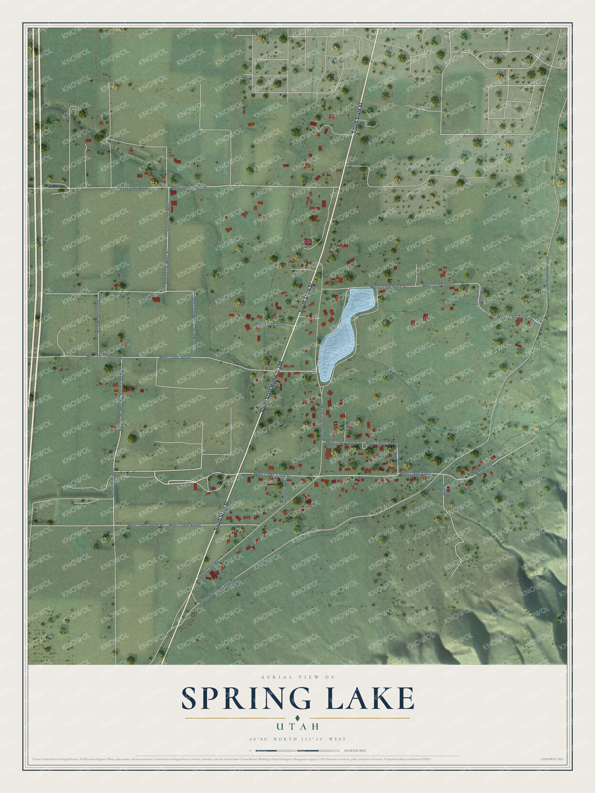 Full map of Spring Lake, Utah, with red buildings, printed street names and the land around them