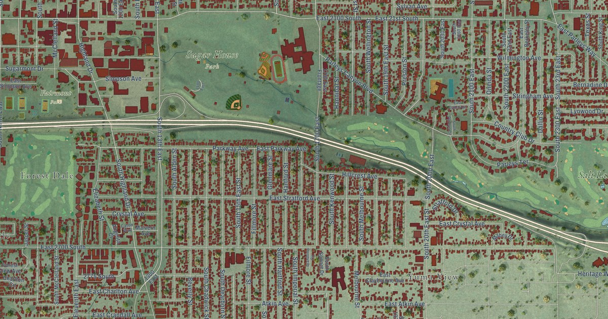 Close-up of streets and buildings in Sugar House, Utah