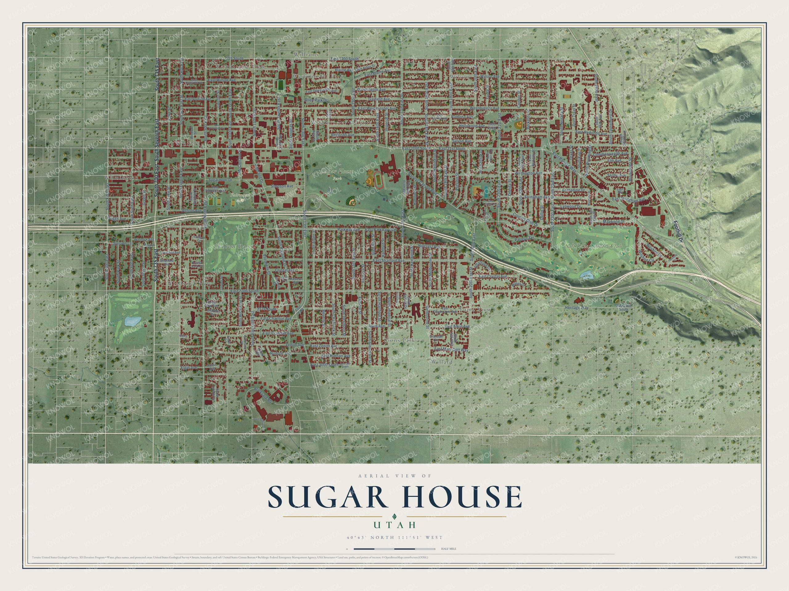 Full map of Sugar House, Utah, with red buildings, printed street names and the land around them