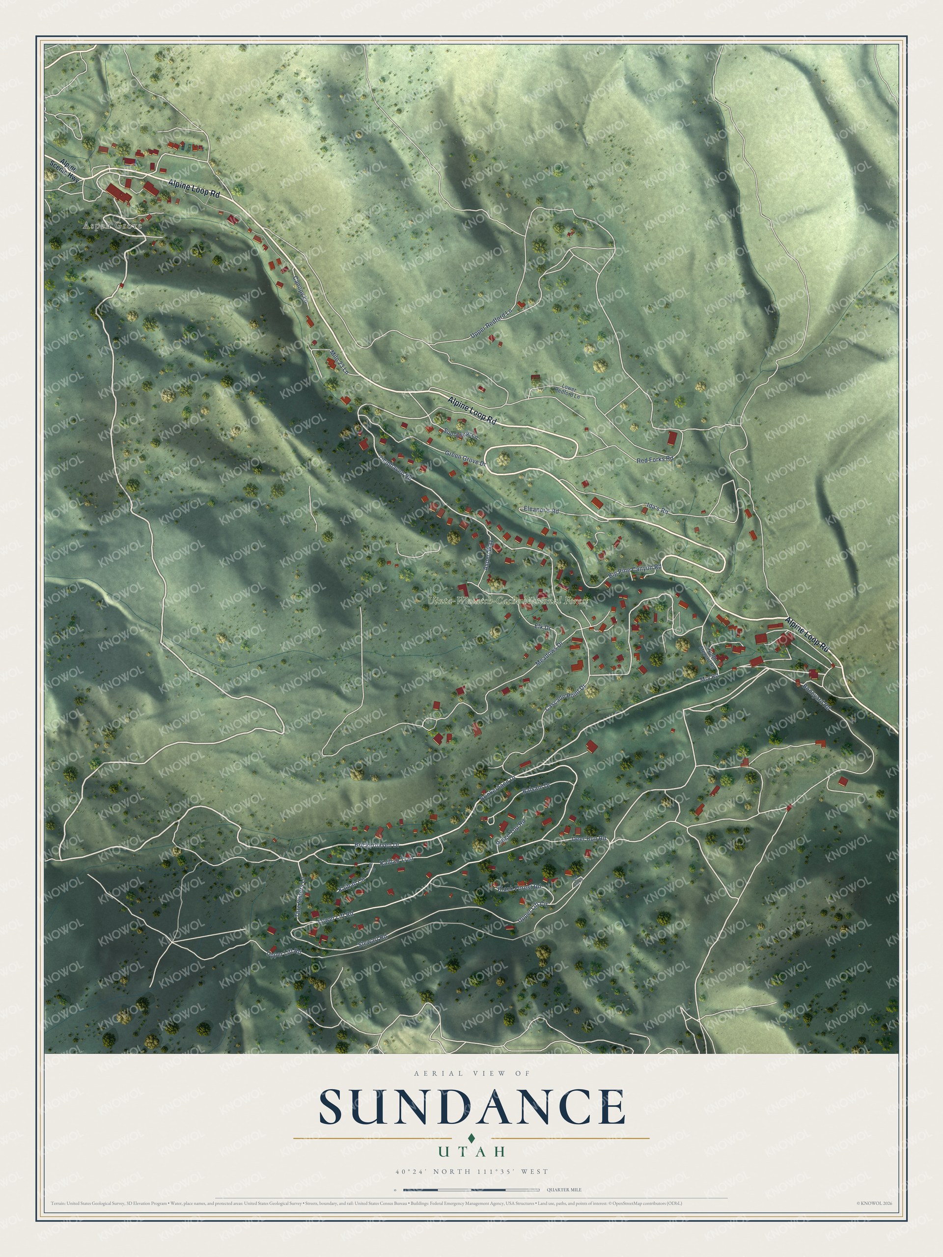 Full map of Sundance, Utah, with red buildings, printed street names and the land around them