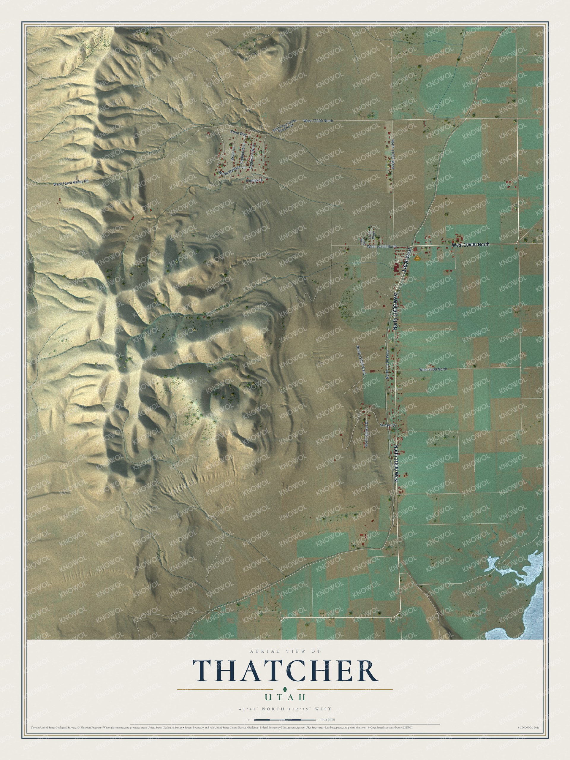 Full map of Thatcher, Utah, with red buildings, printed street names and the land around them