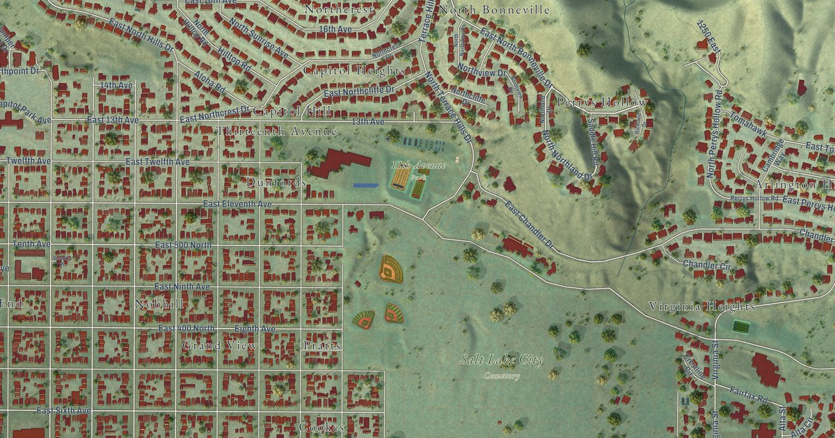 Close-up of streets and buildings in The Avenues, Utah
